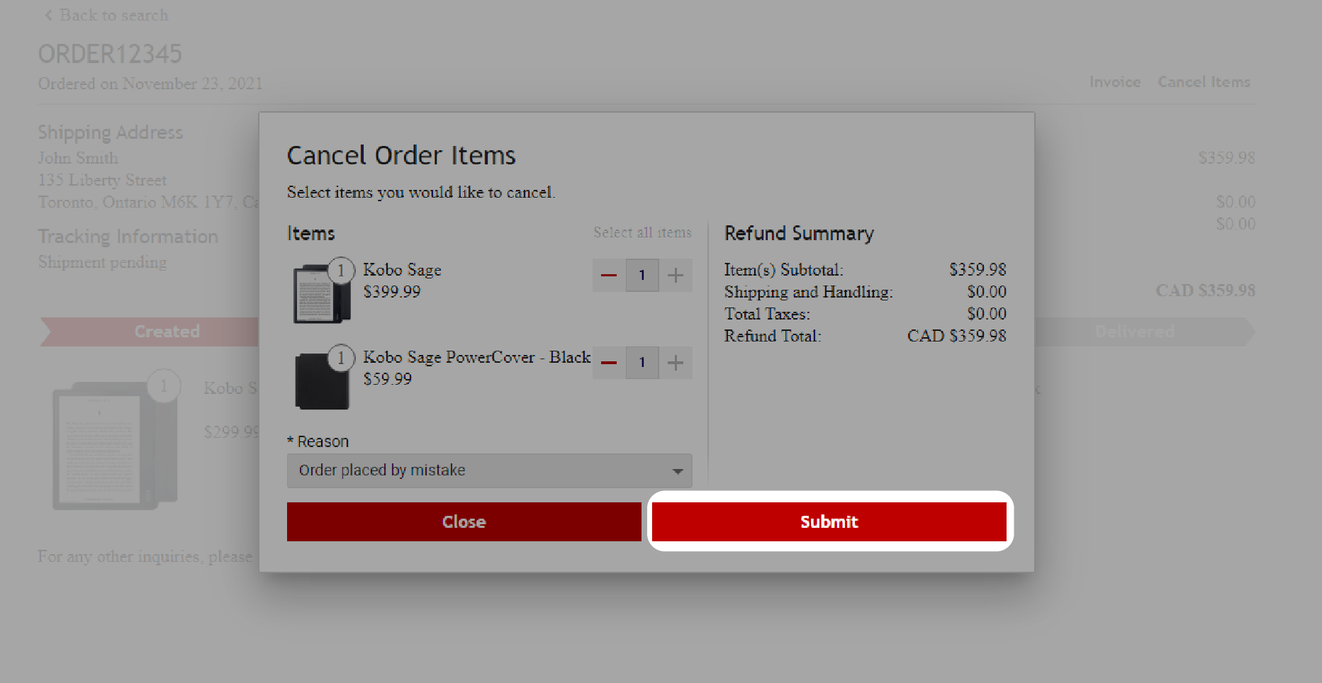 Cancel Order Items window with the Submit button highlighted.