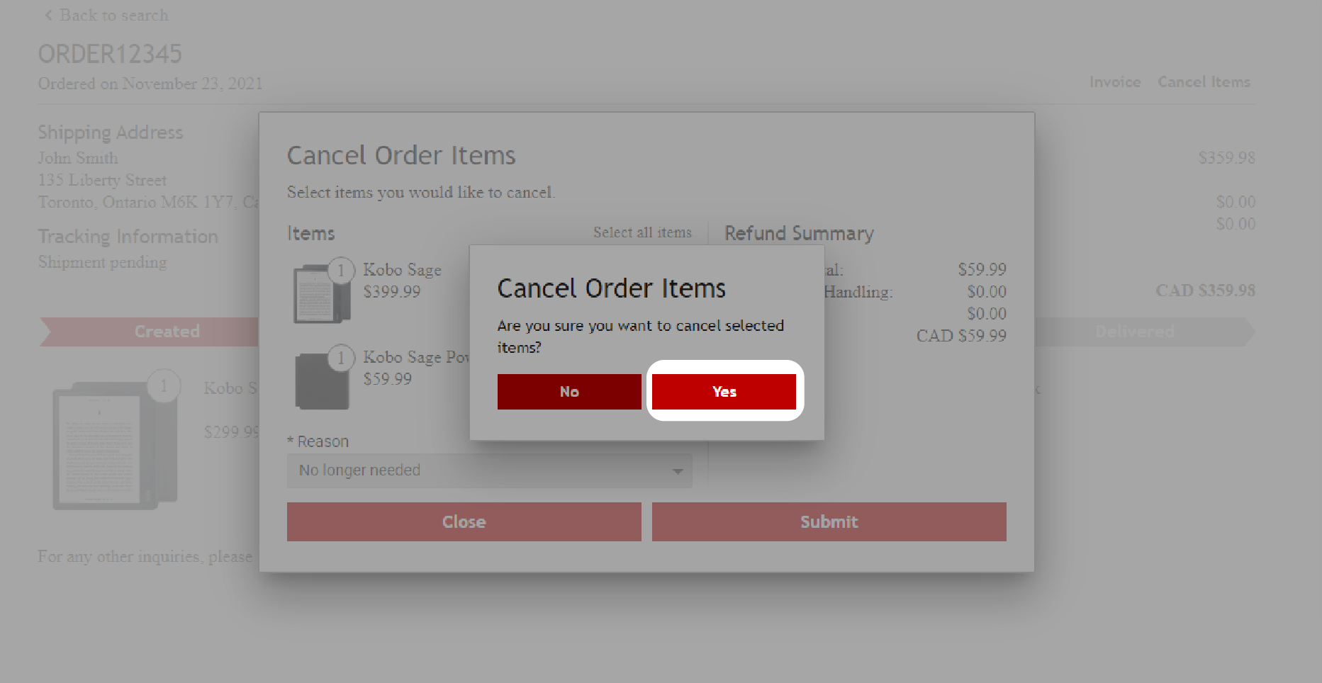Cancel Order Items window with the Yes button highlighted.