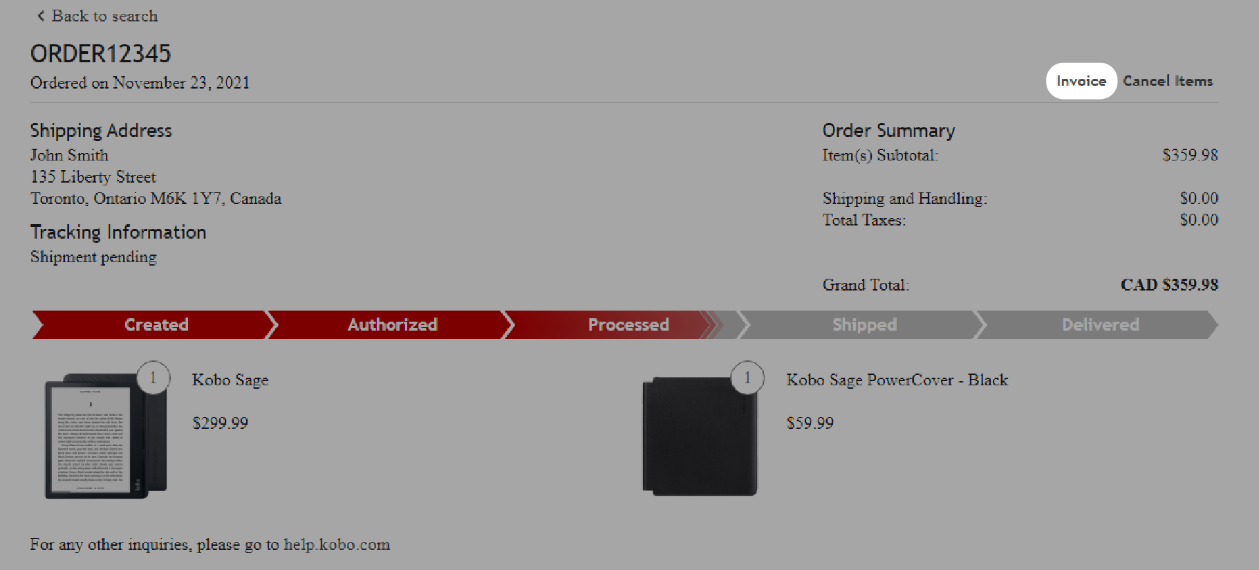 Order status screen with Invoice button highlighted.