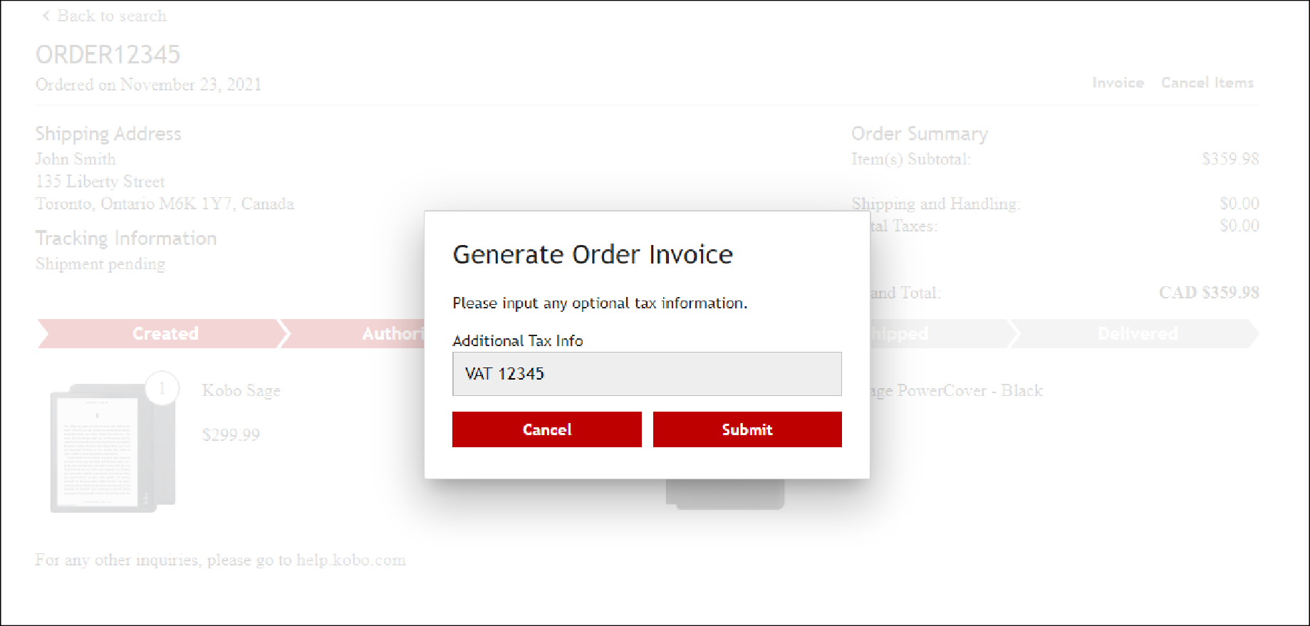 Generate Order Invoice window with sample VAT number highlighted.