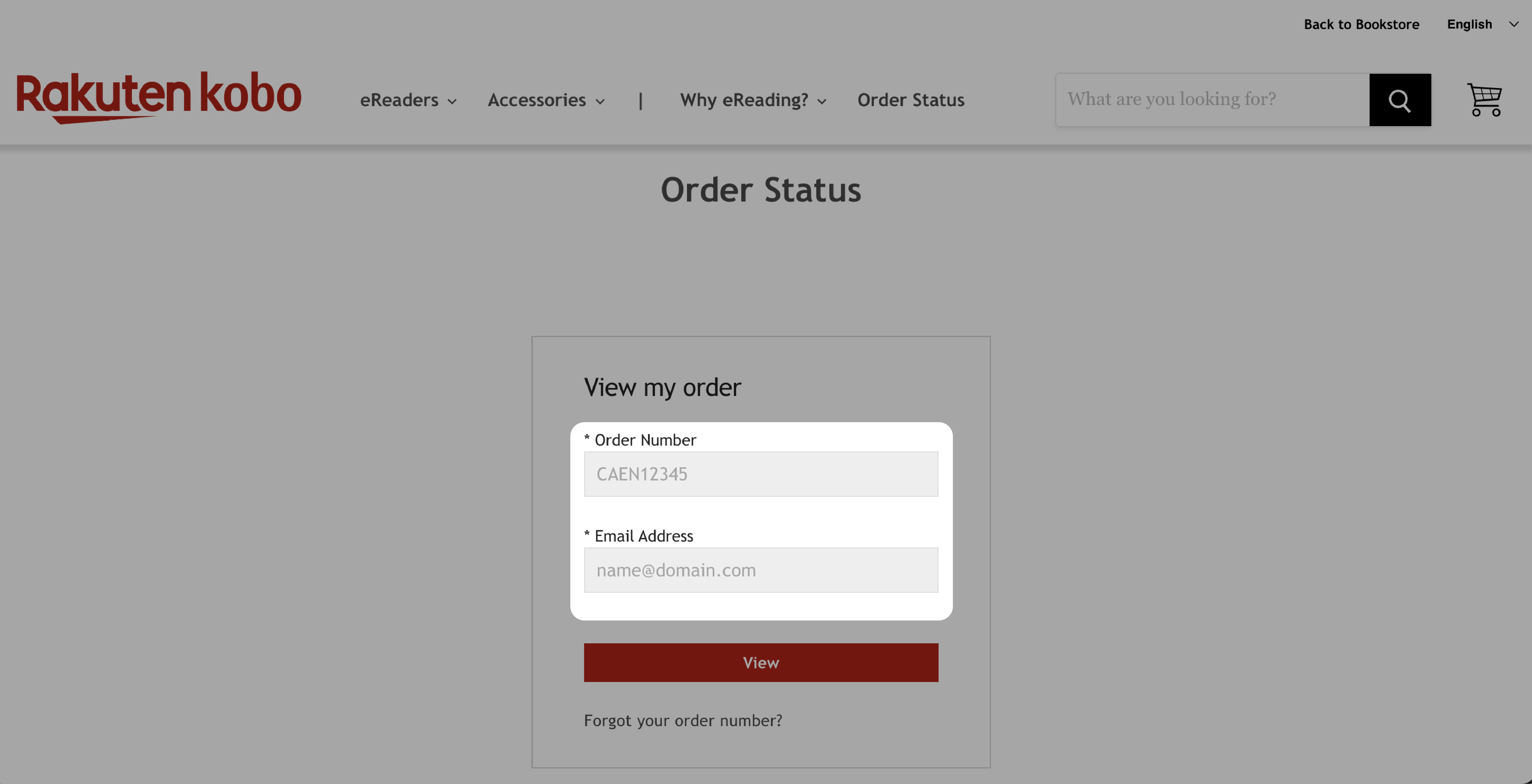 Order Status page with Ordernumber and email fields highlighted.