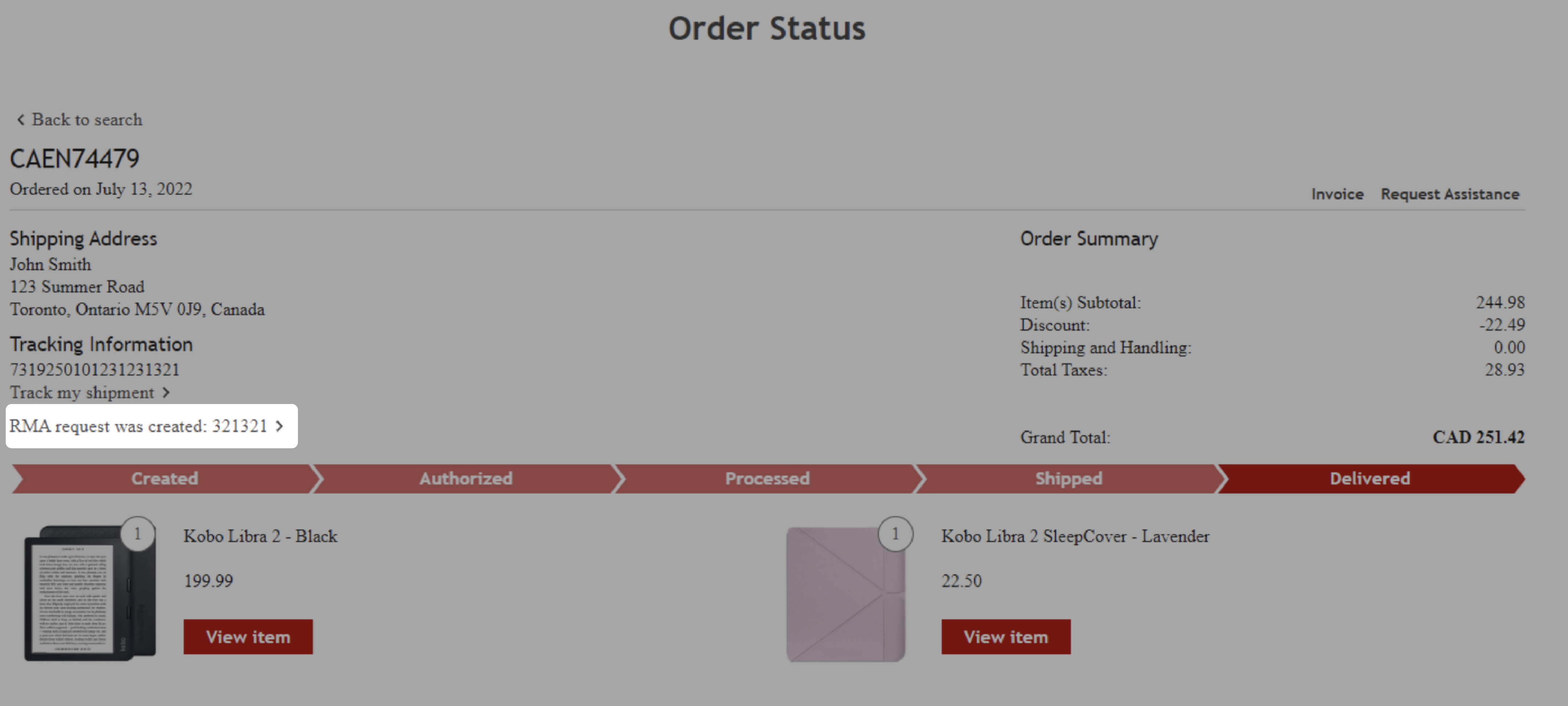 Order Status screen with RMA Request number highlighted.