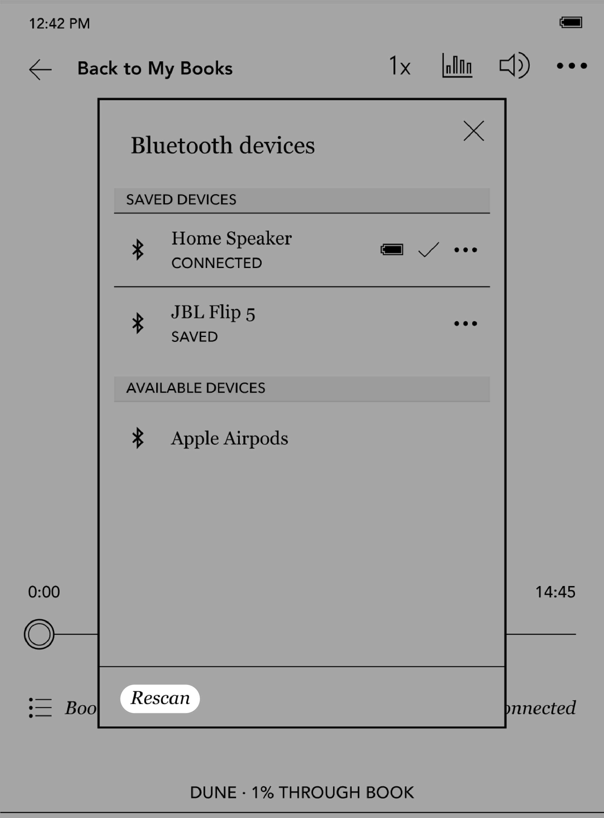 Bluetooth-Geräte-Menü mit dem Wort "Erneut scannen" hervorgehoben.