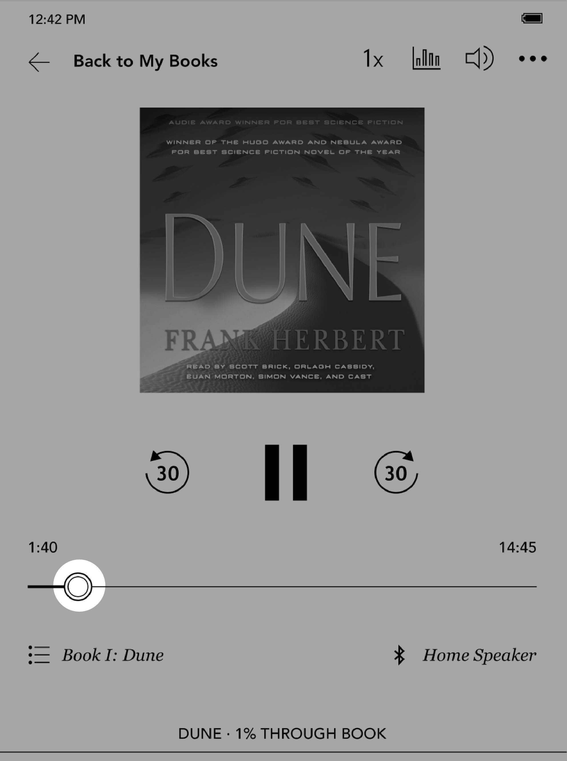 Audiobook menu with the circle scubber button highlighted.