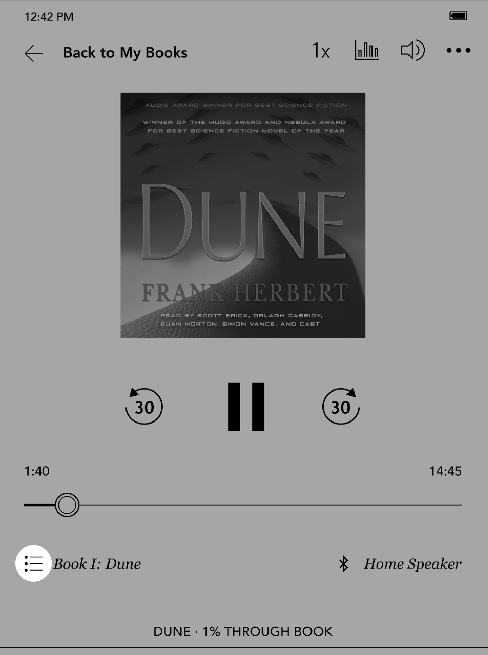 Audiobook menu with the table of contents icon highlighted.