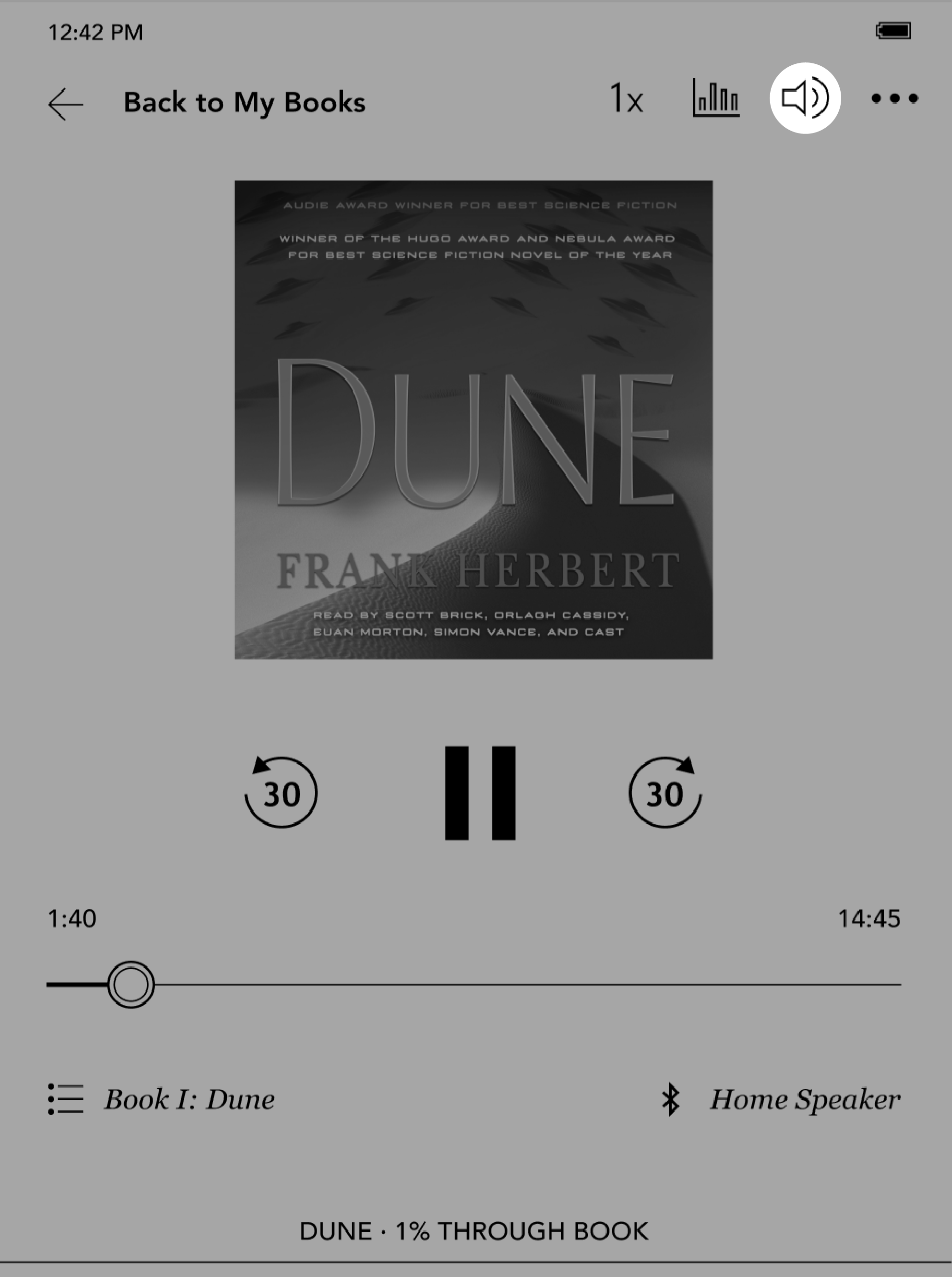 Audiobook menu with the speaker button highlighted.