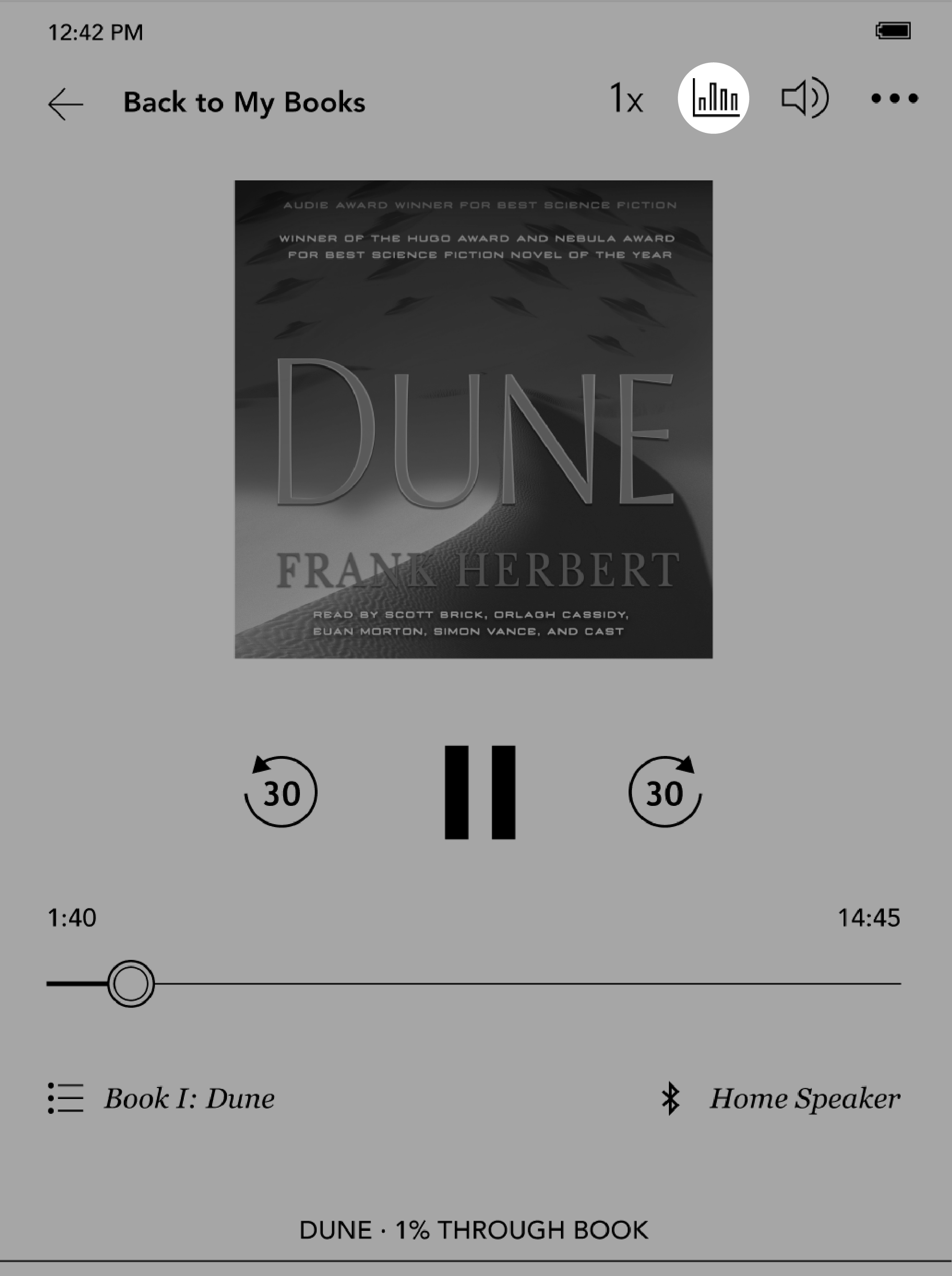 Audiobook menu with the bar button highlighted.