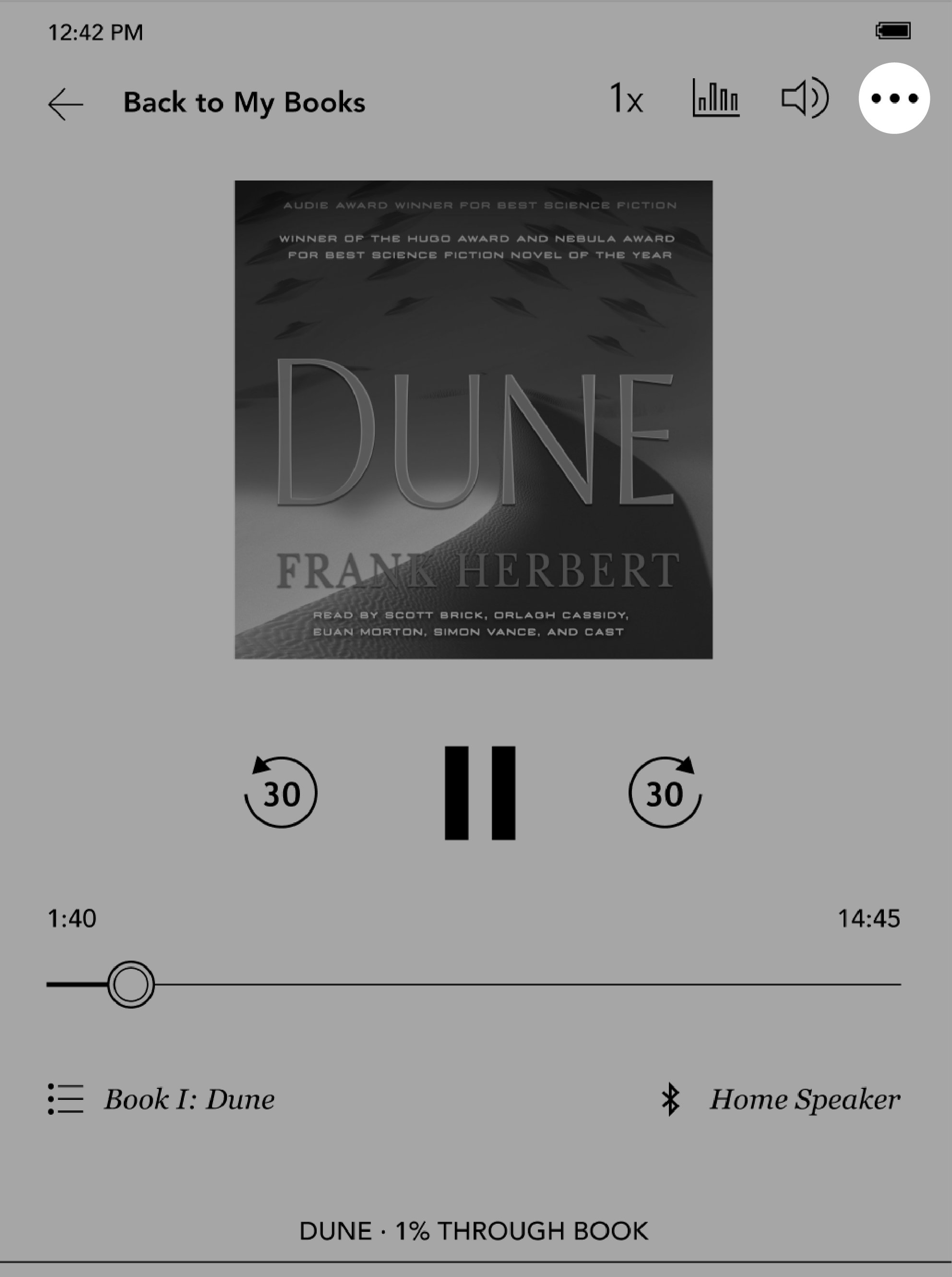 Audiobook menu with the three dots menu icon on the top right corner.