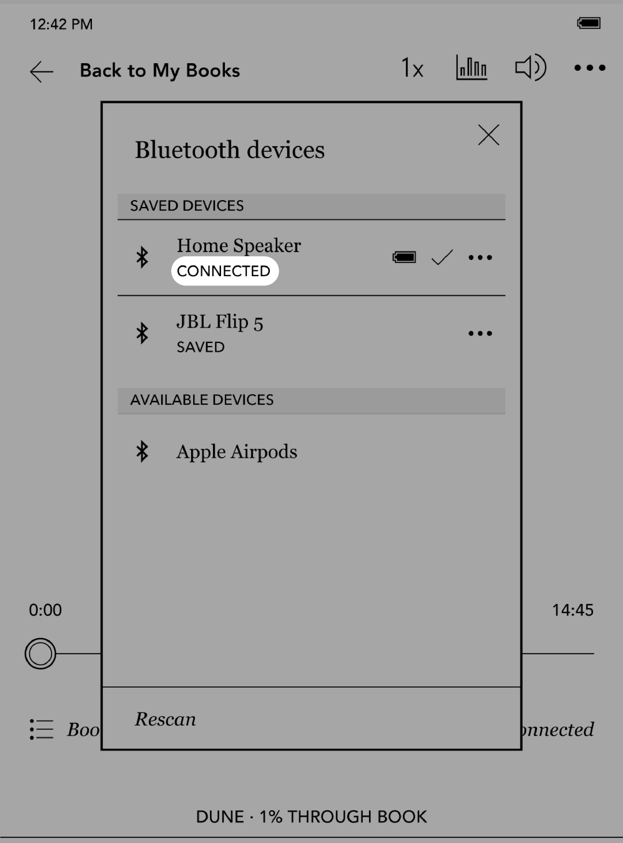 Menú de dispositivos Bluetooth con la palabra Conectado resaltada.