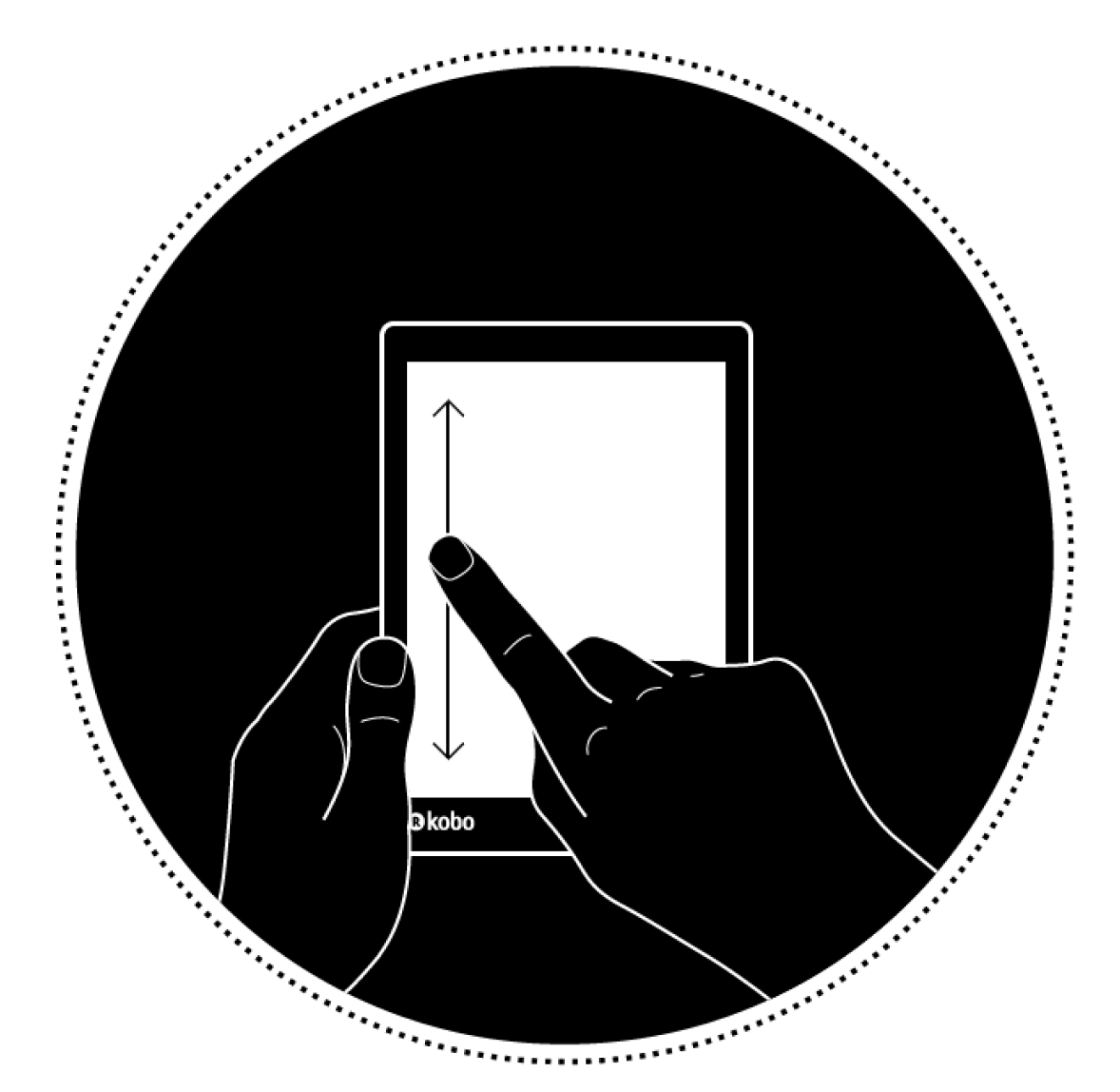 Illustration of a hand holding an eReader and swiping verticallly on the left side of the screen.