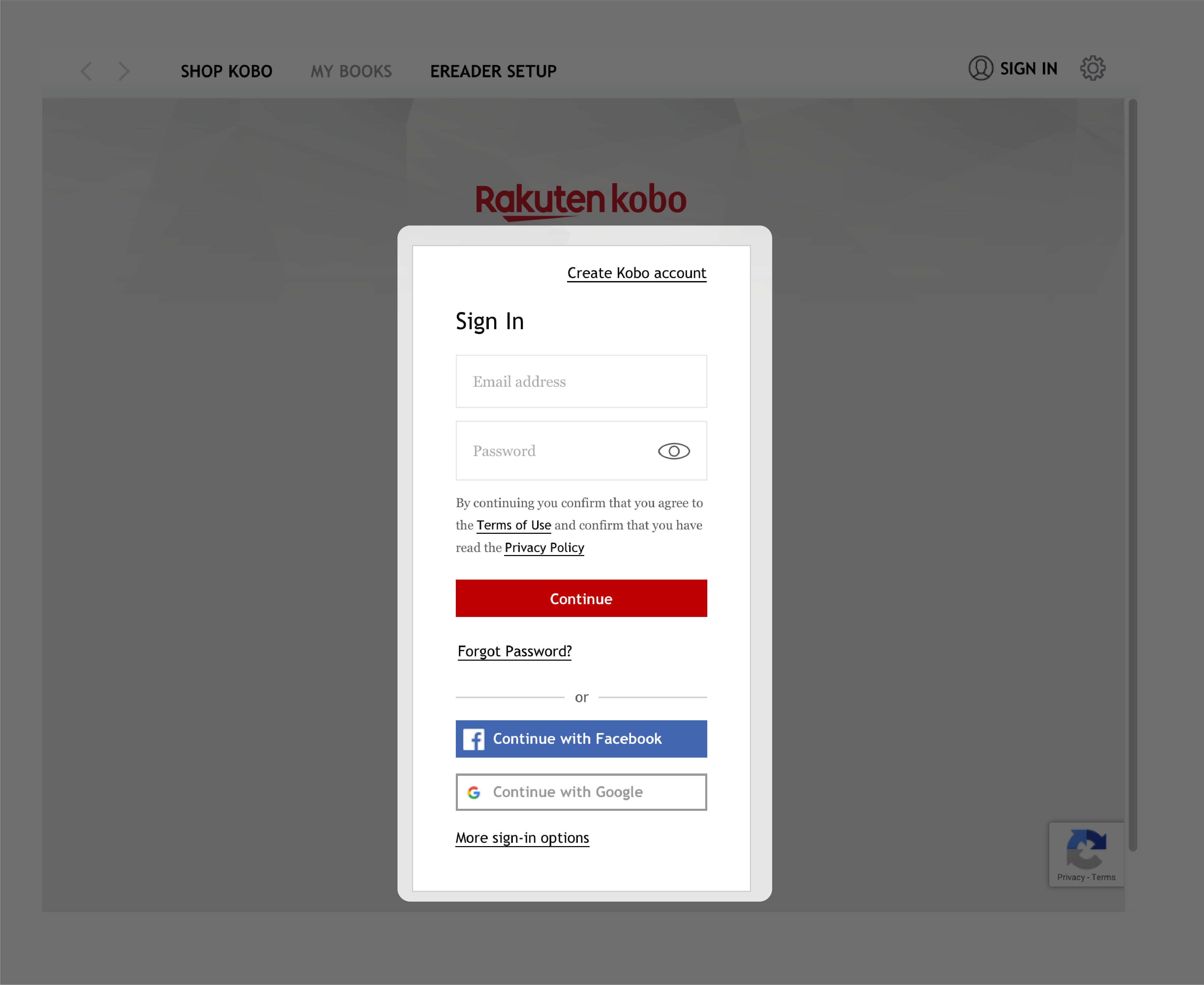 Kobo Desktop app Sign credential screen with blank user name and password field highlighted.