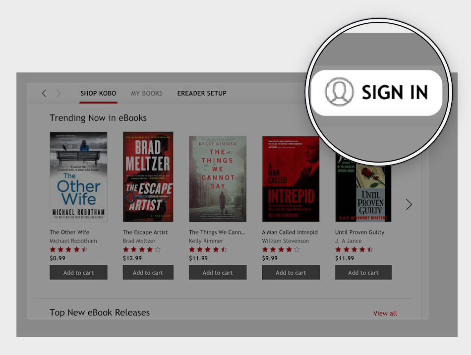 Kobo Desktop Shop Kobo view with the Sign In button highlighted.