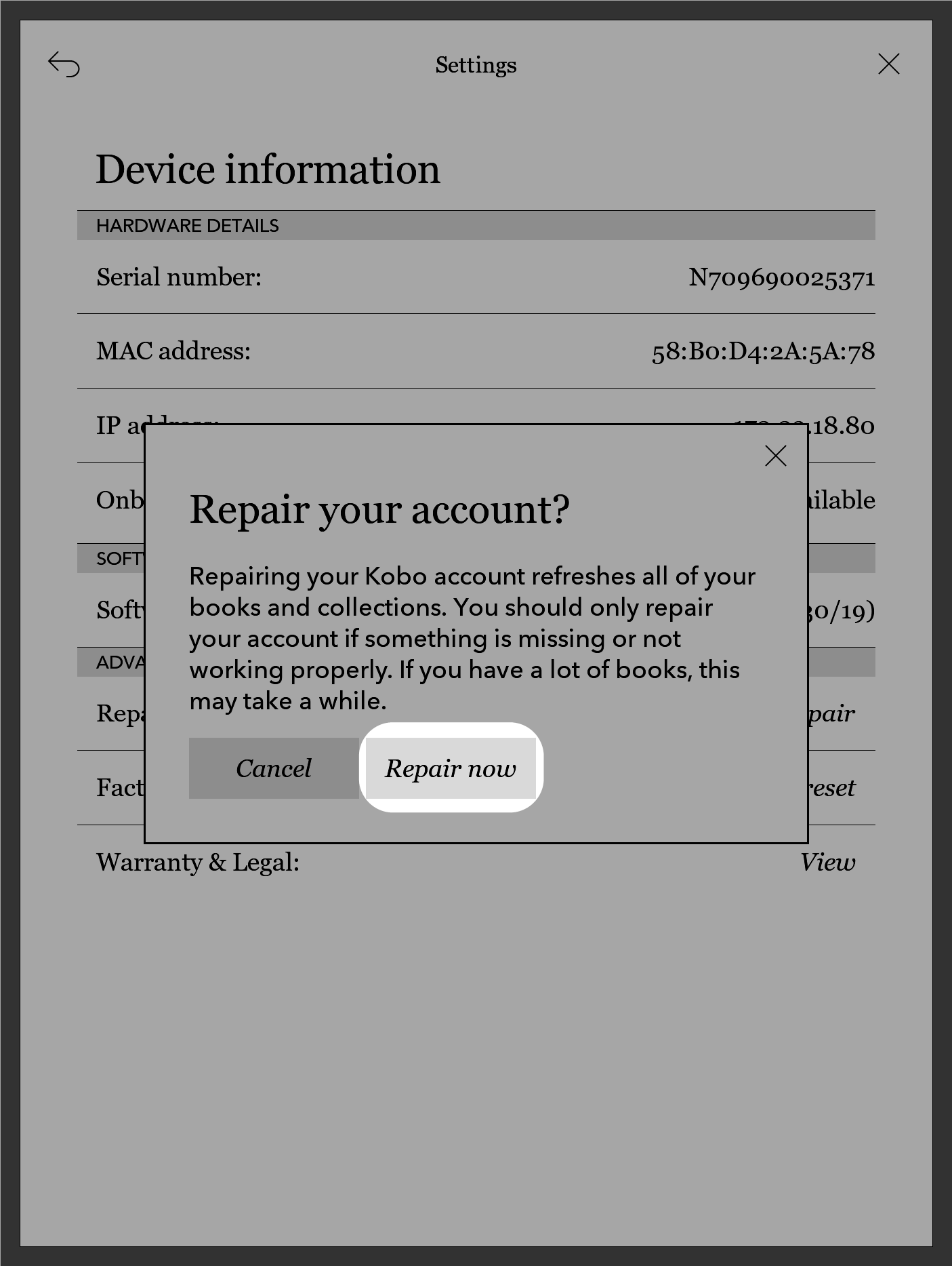 Kobo eReader-Popup-Bildschirm mit hervorgehobener Jetzt reparieren-Schaltfläche.