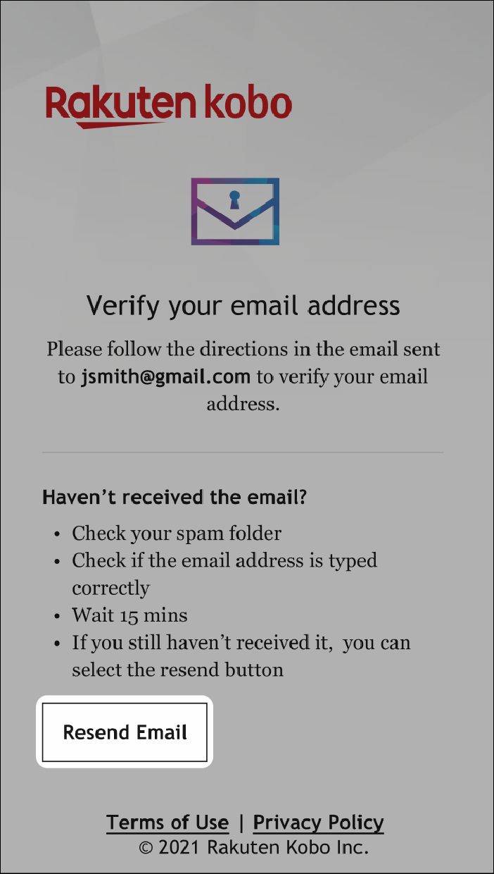 Une fenêtre contextuelle "Vérifiez votre adresse e-mail" avec le bouton "Renvoyer l'e-mail" mis en surbrillance.