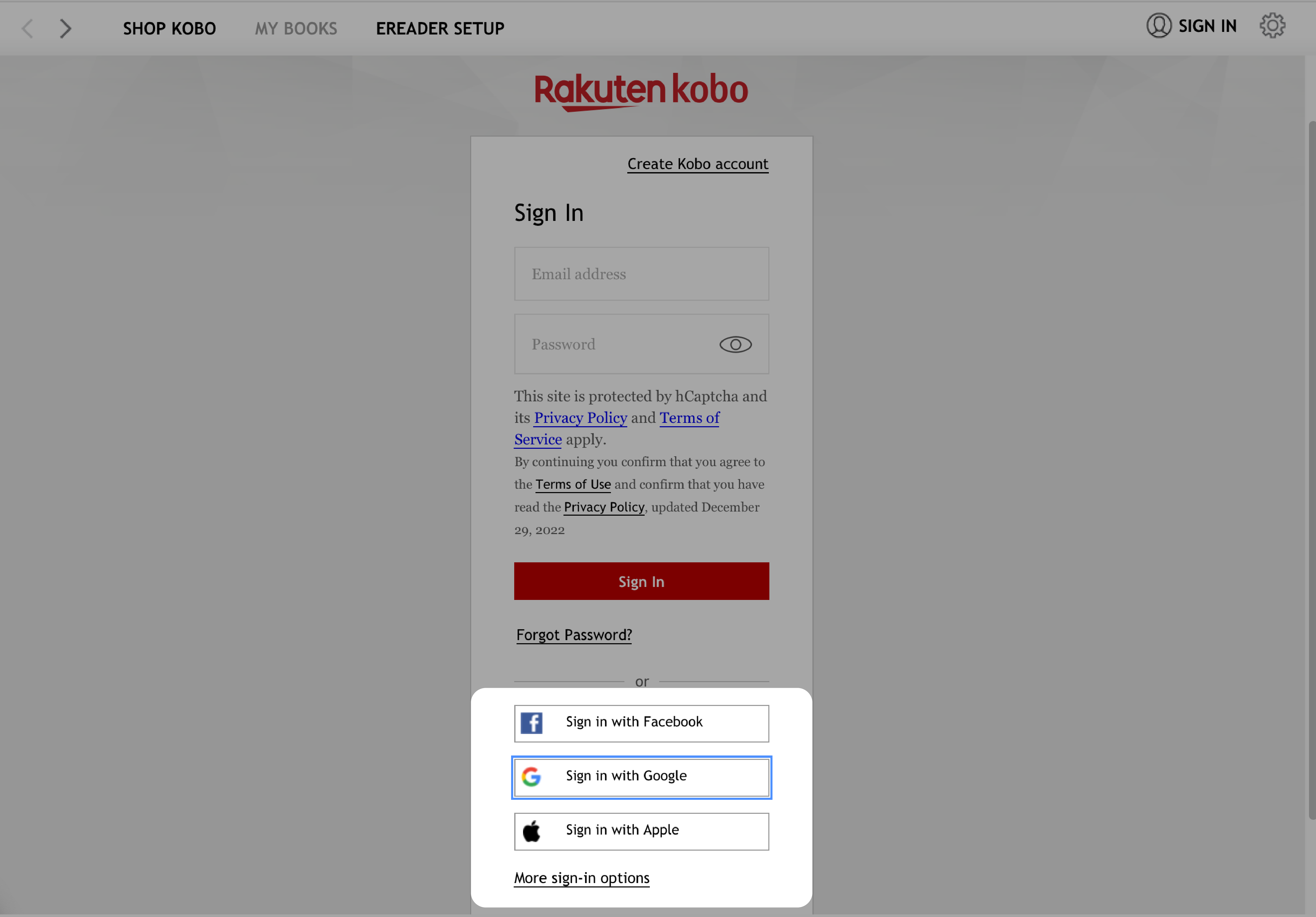 App Kobo Desktop con le opzioni di accesso aggiuntive evidenziate.