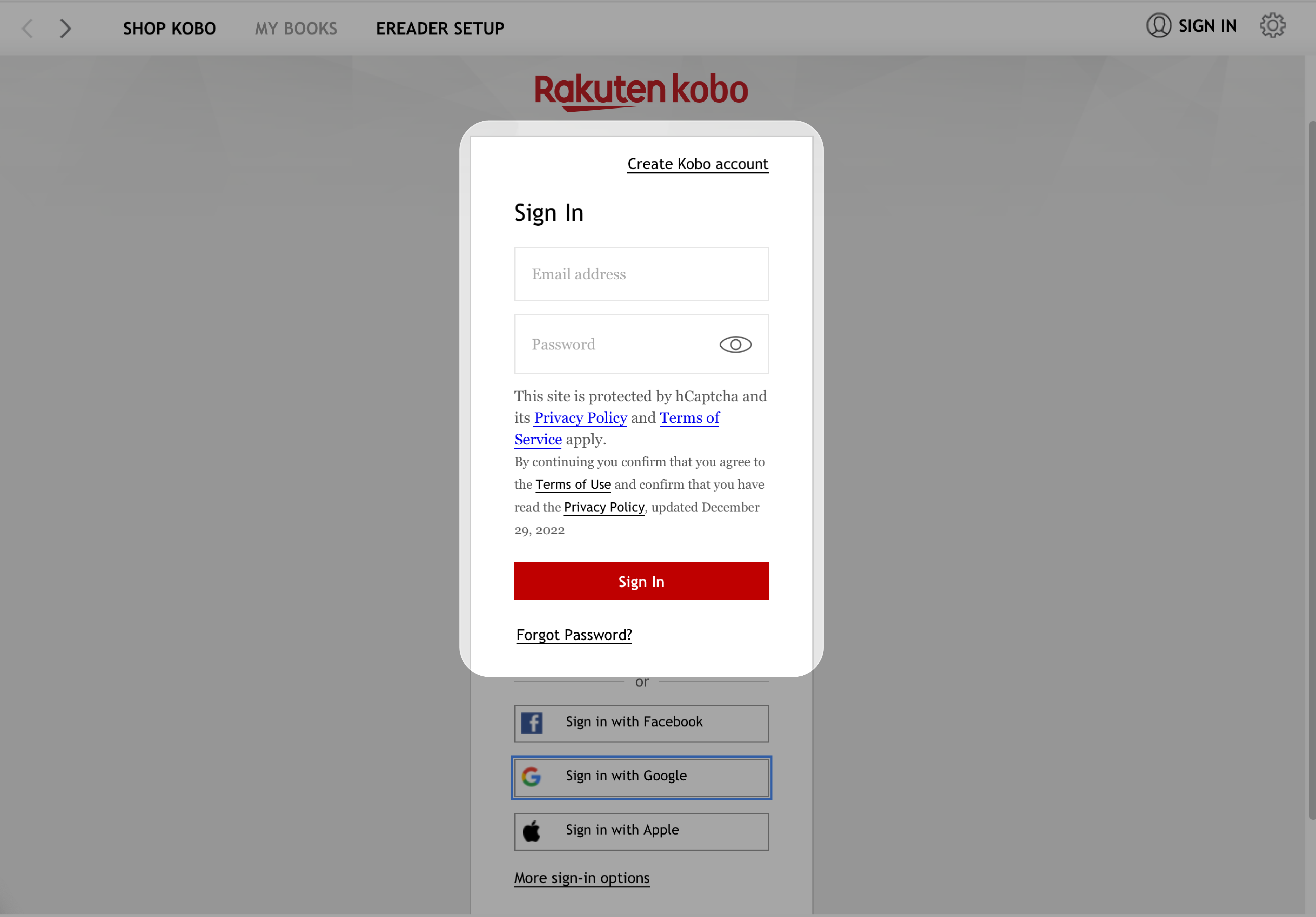 Kobo Desktop-app met het Inlogscherm gemarkeerd.