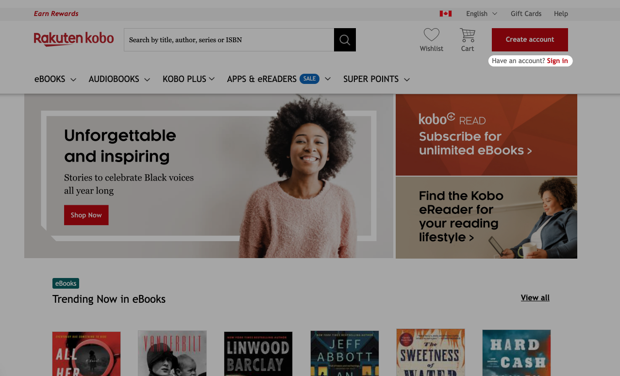 Kobo.com sin hjemmeside med «Har du en konto?»- knappen uthevet.