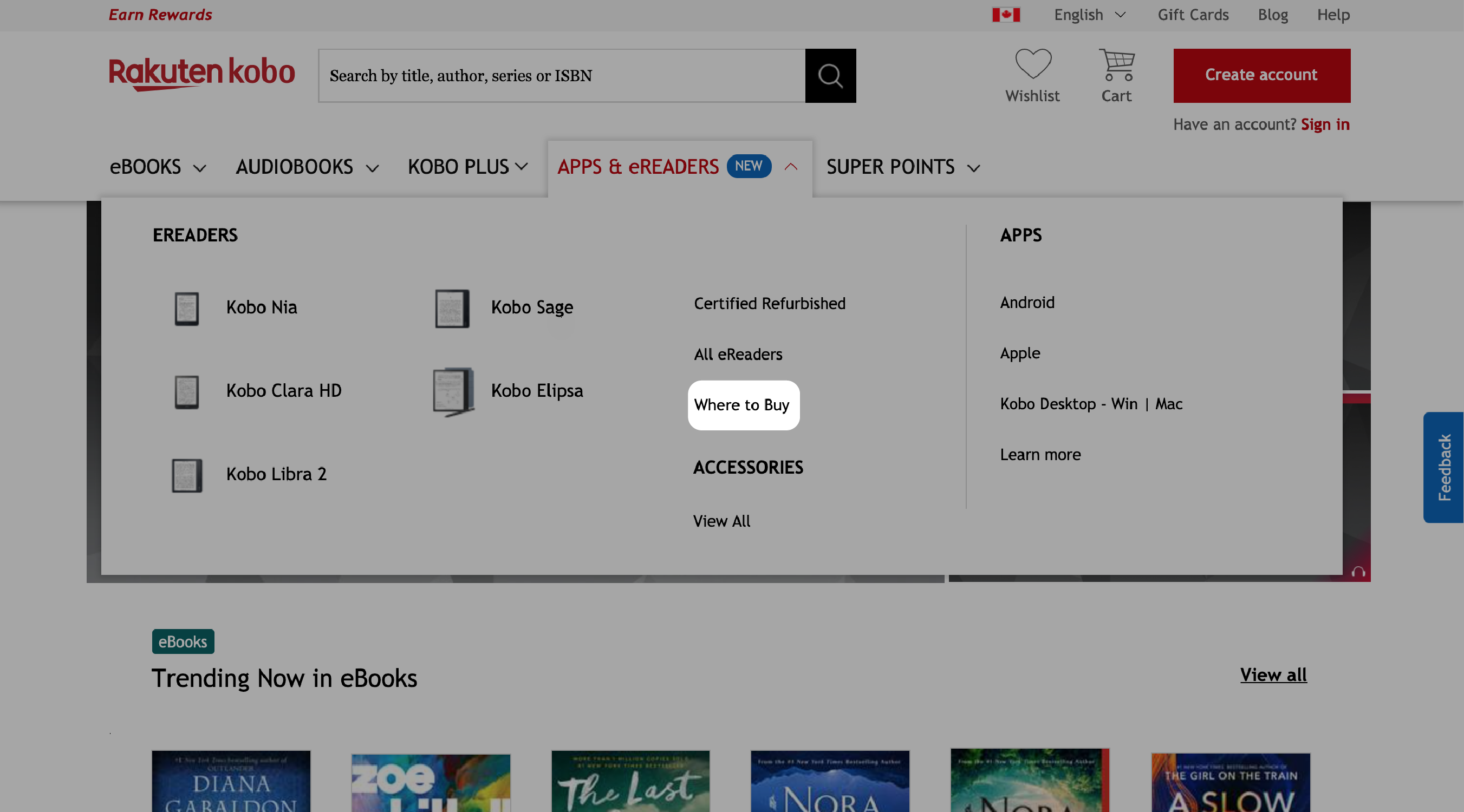 Kobo.com home page with Where to Buy button highlighted.