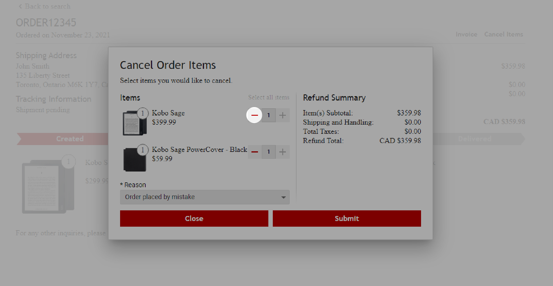 Cancel Order Items window with the minus icon highlighted.