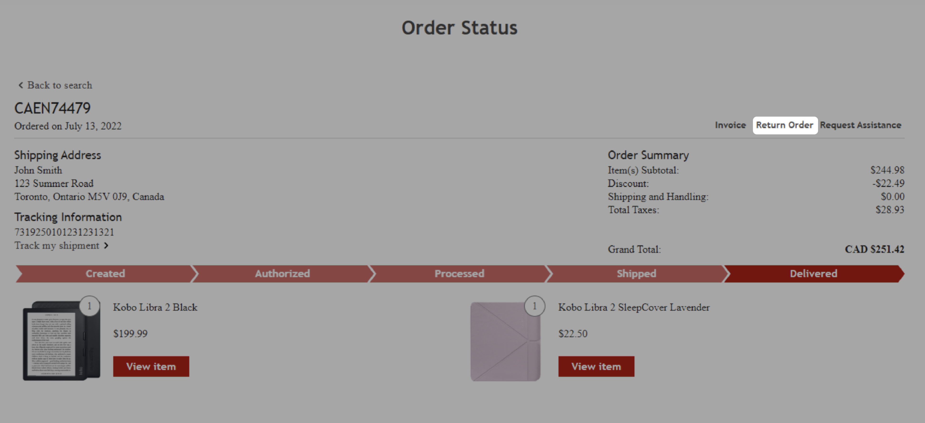 Order Status page with Return Order button highlighted near the top of the screen.