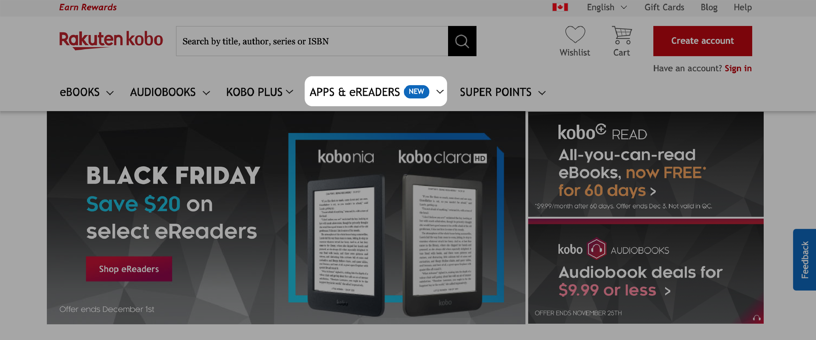 Kobo.com homepagina met de knop Apps en eReaders gemarkeerd.