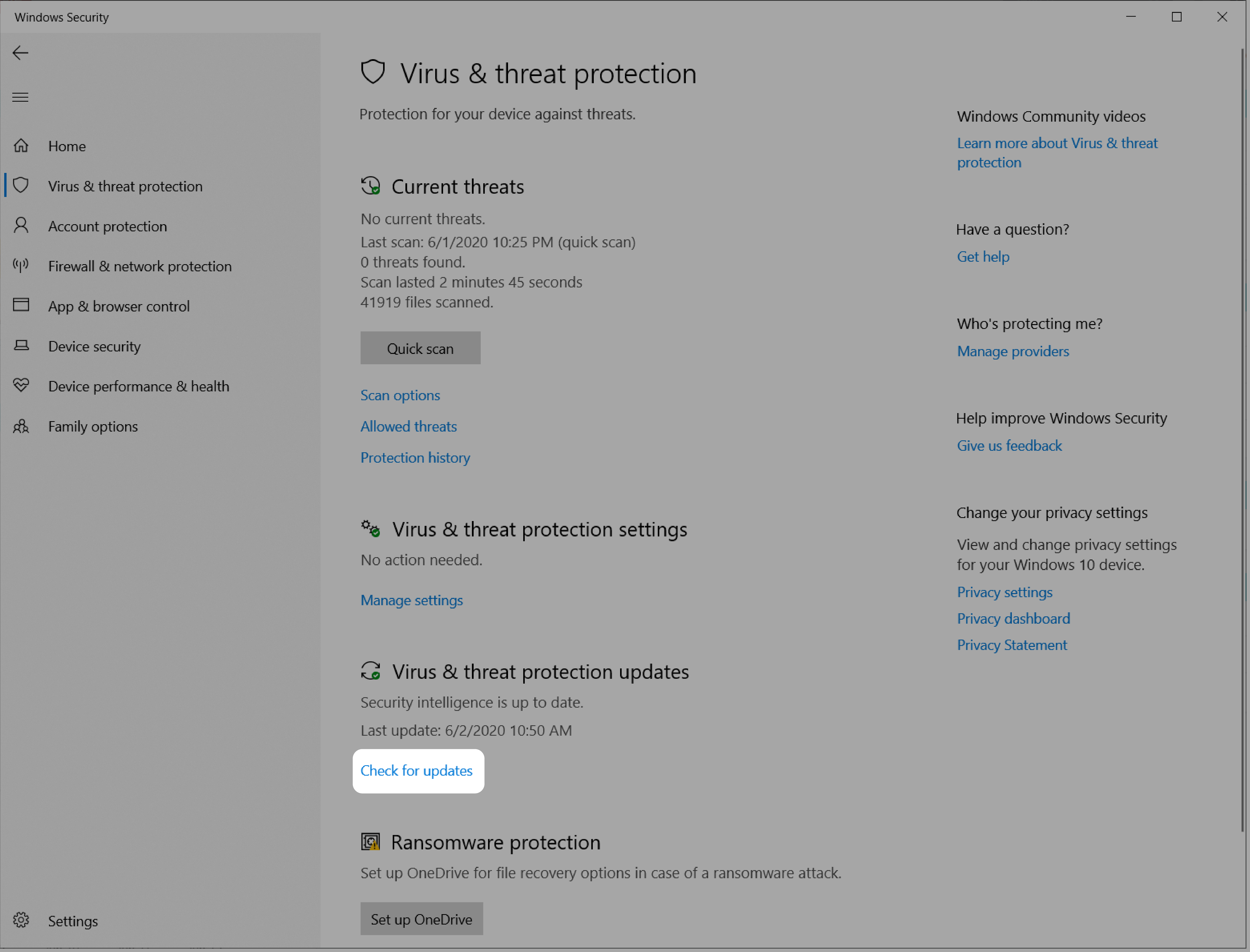 O botão de verificação de atualizações do Windows Security está destacado.