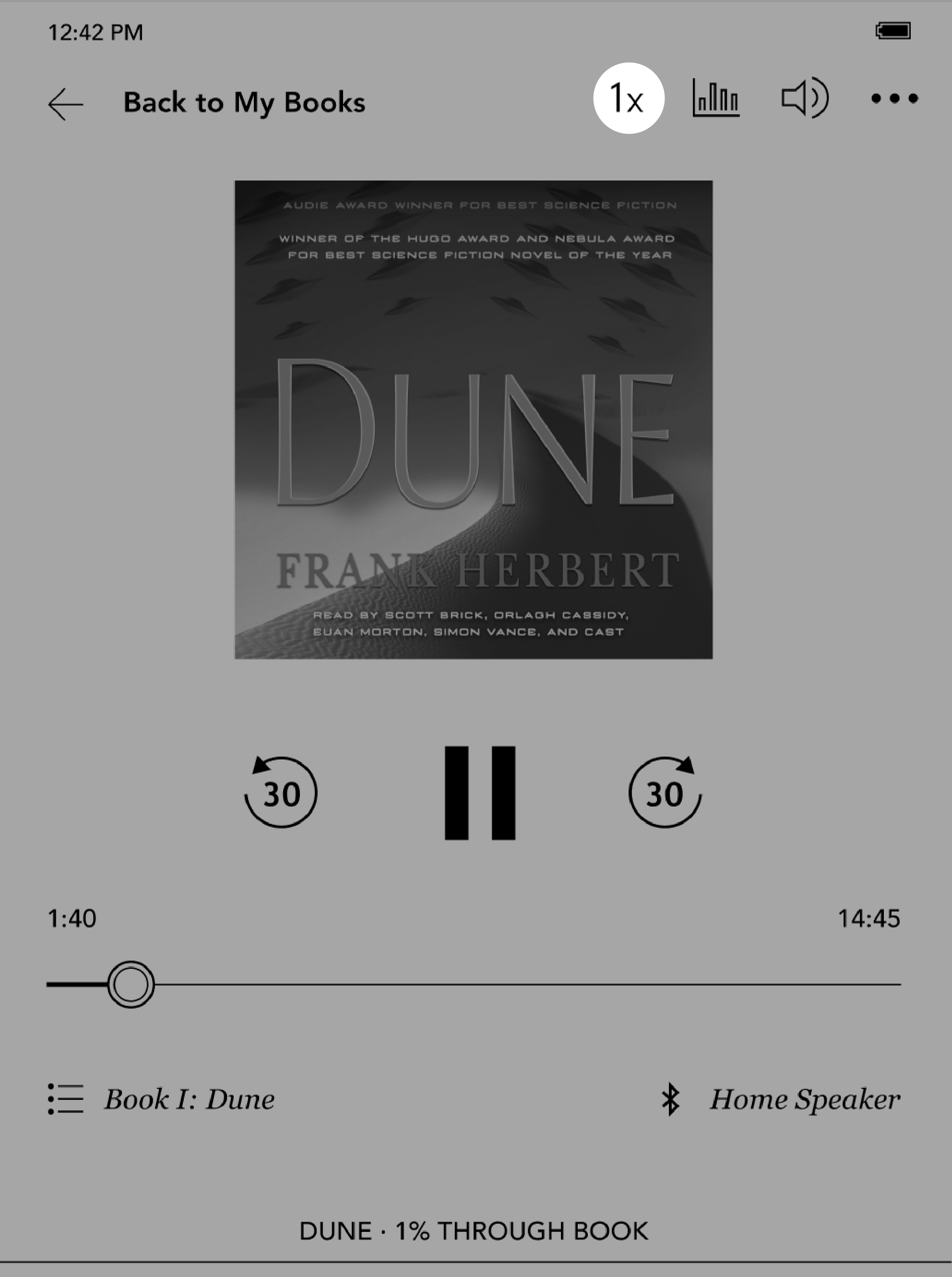 Audiobook menu with the1X button highlighted.