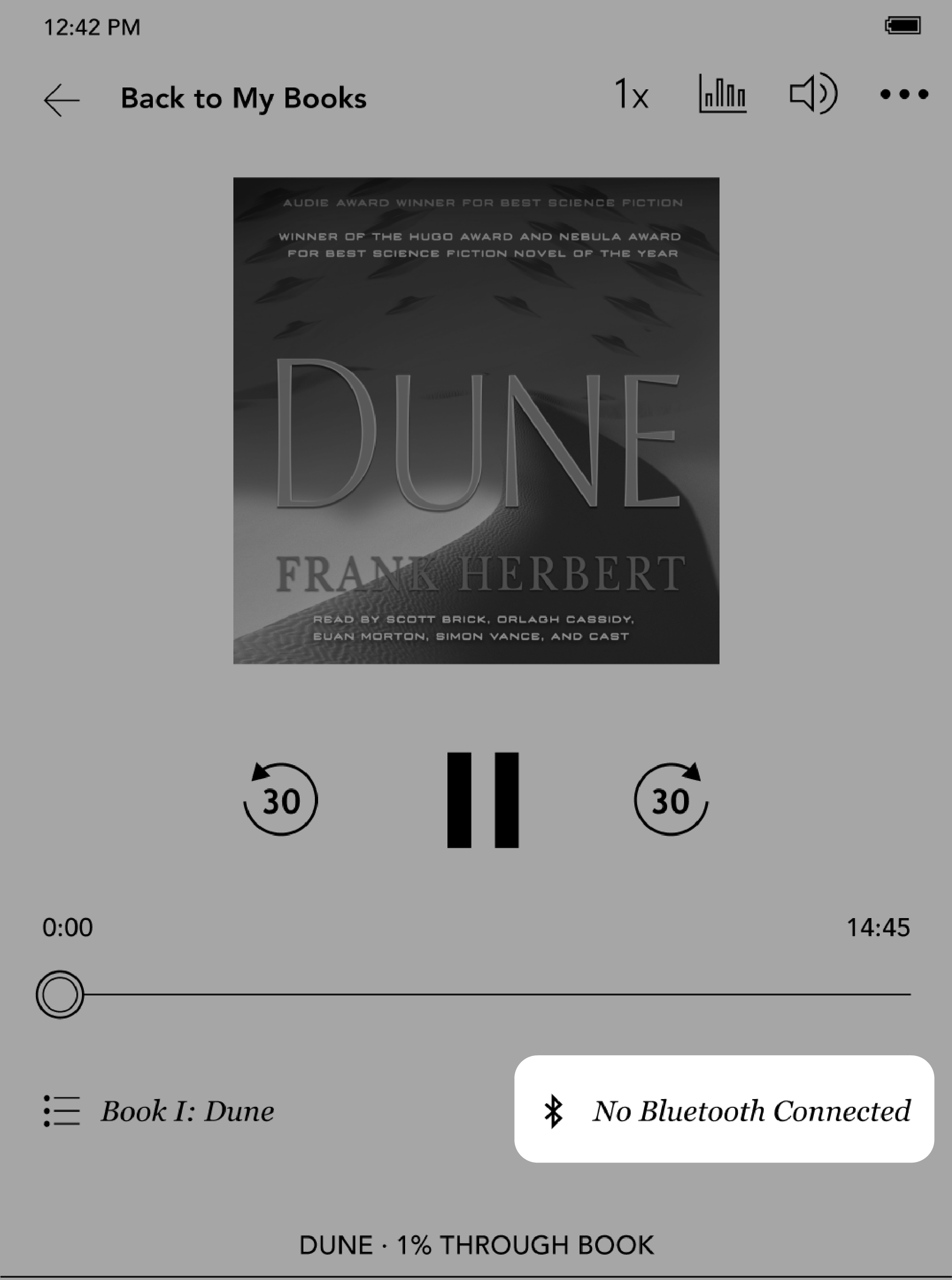 Kobo eReader Audiobook menu with the No Bluetooth Connected button highlighted.