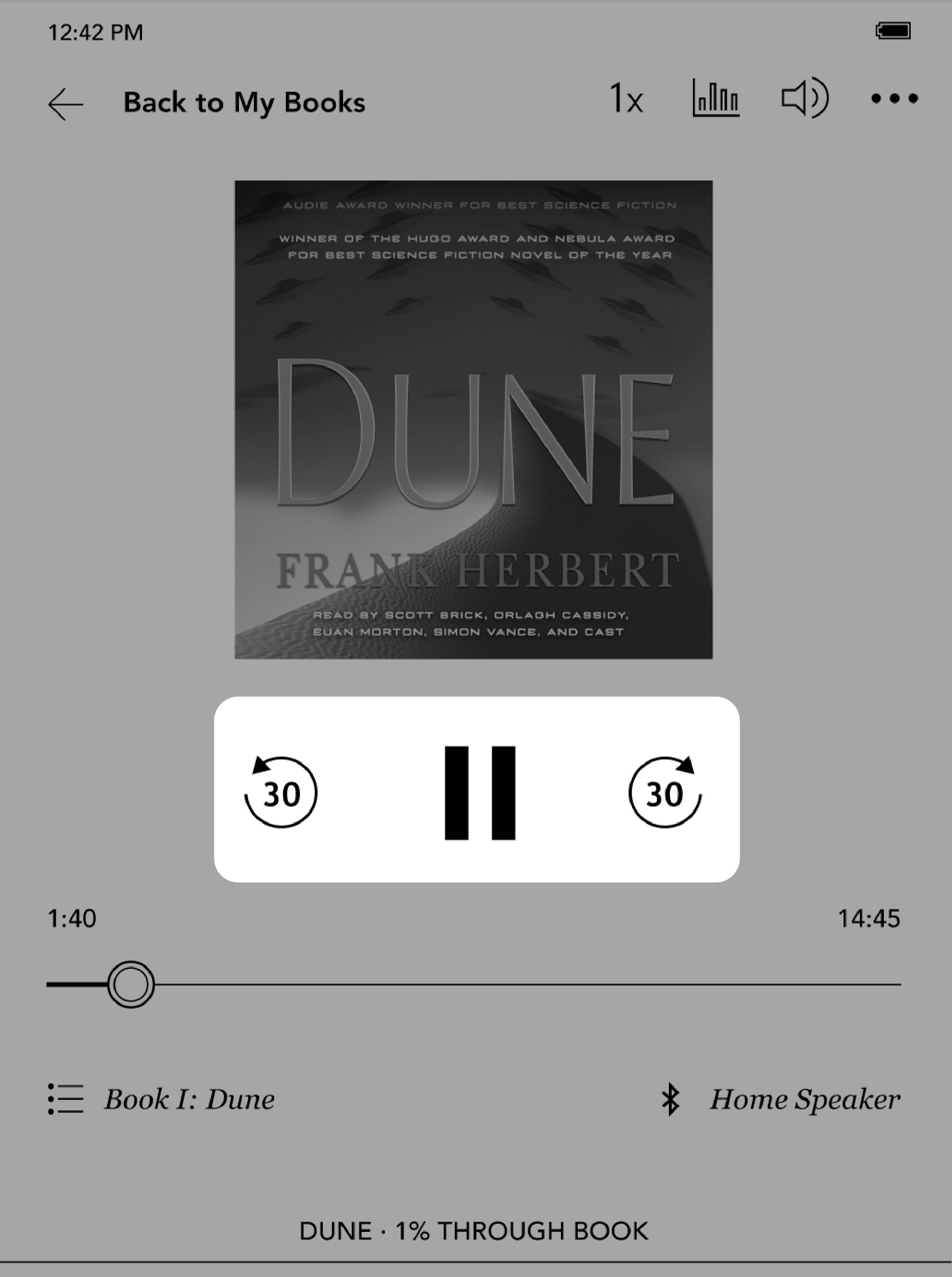 Audiobook menu with the playback icons highlighted.