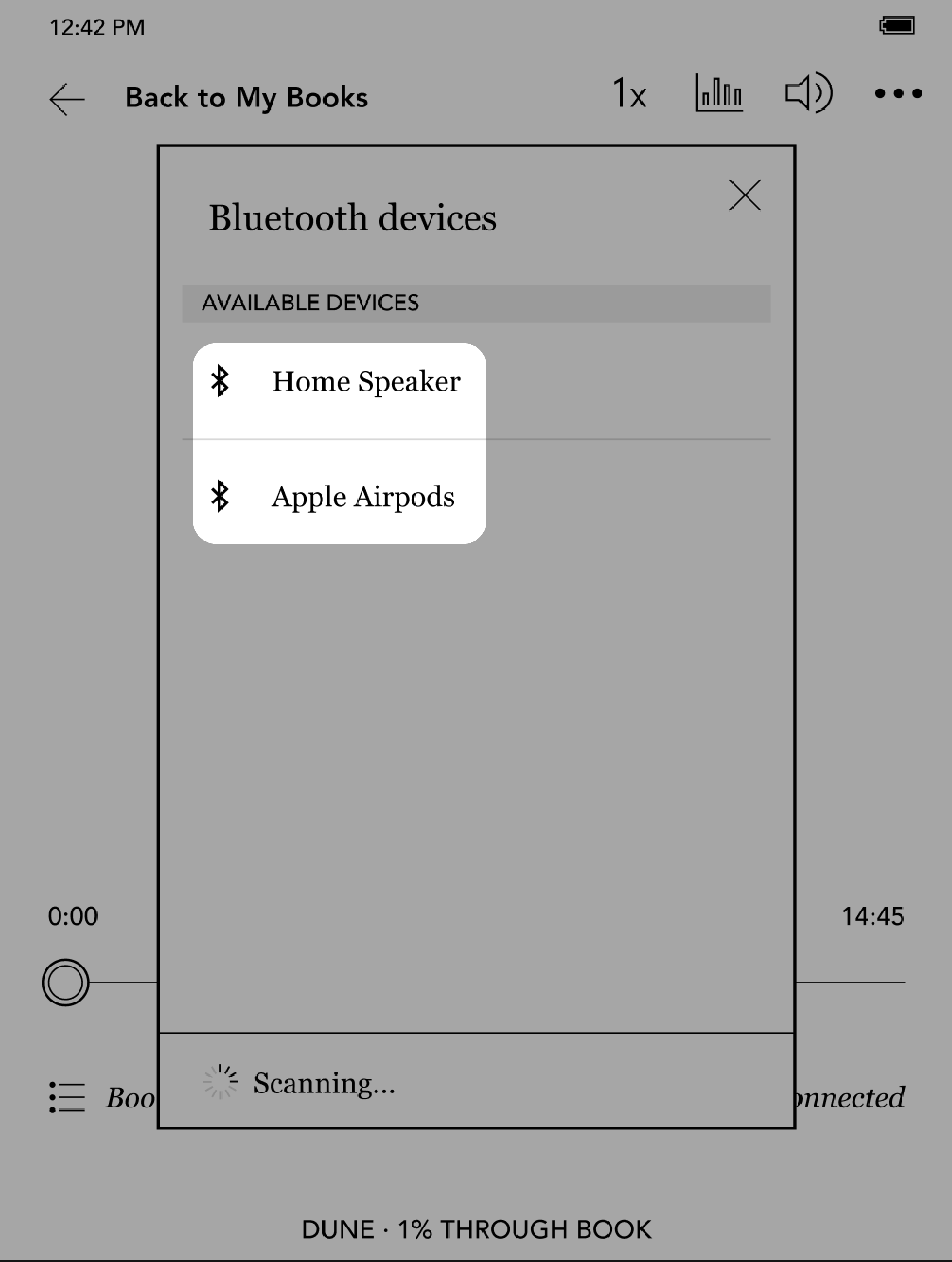 Kobo eReader -äänikirjavalikko, jossa Koti-kaiutin ja Apple Airpods -painike korostettuna.