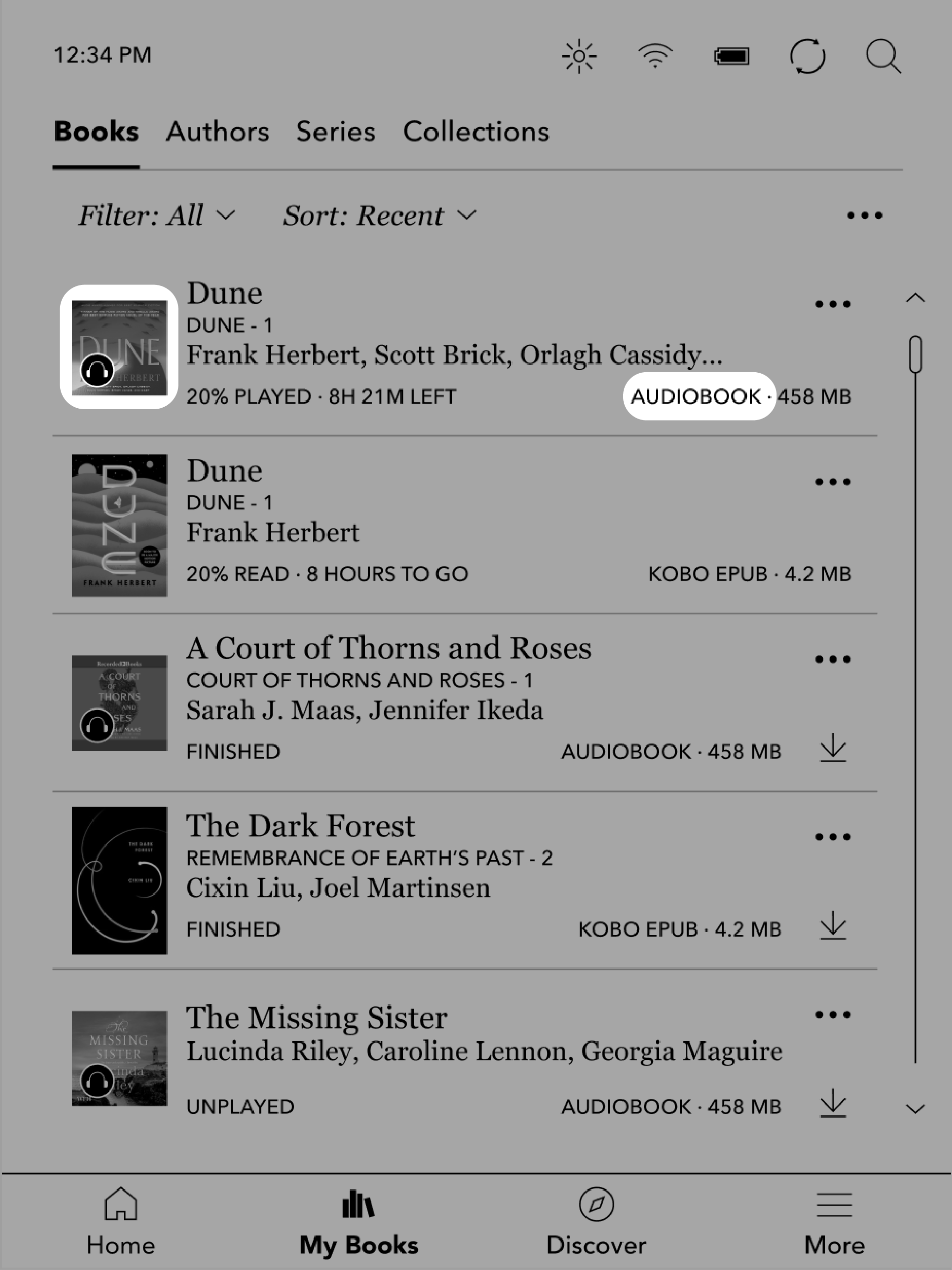 Menu Livres d'une liseuse Kobo avec la couverture d'un livre audio mise en évidence.