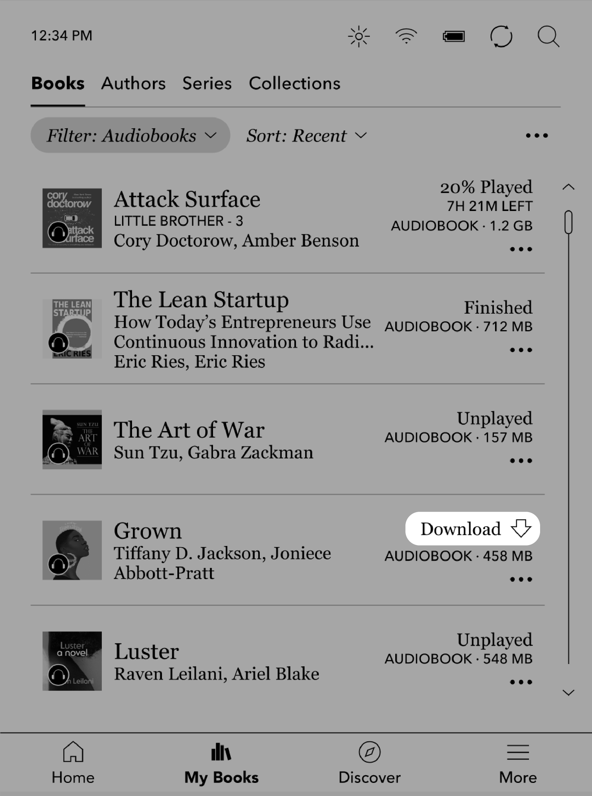 Menu de Livros do Kobo eReader com o botão Descarregar destacado.