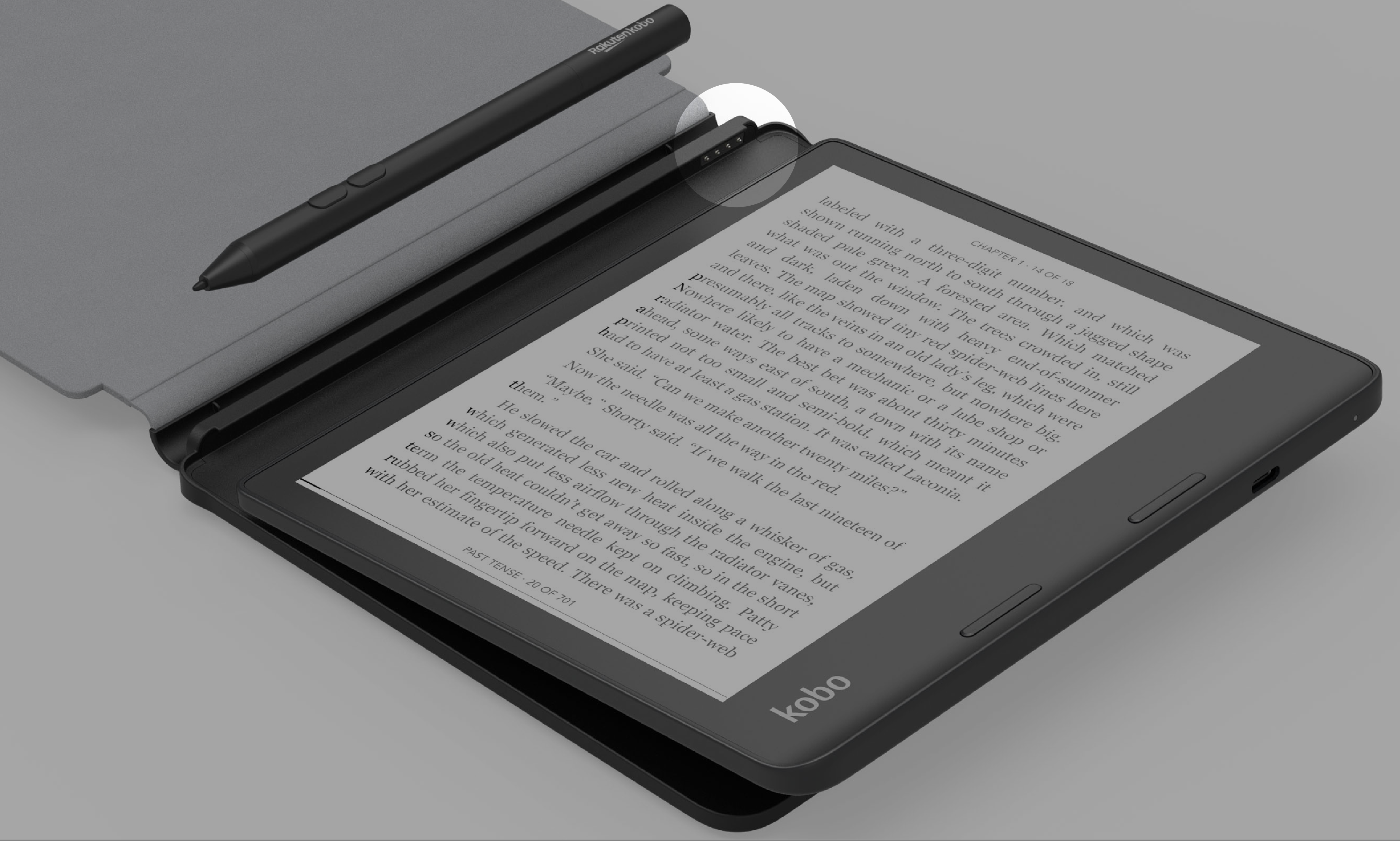 Illustration eines Kobo Stylus, der an die Kobo SleepCover angedockt wird.