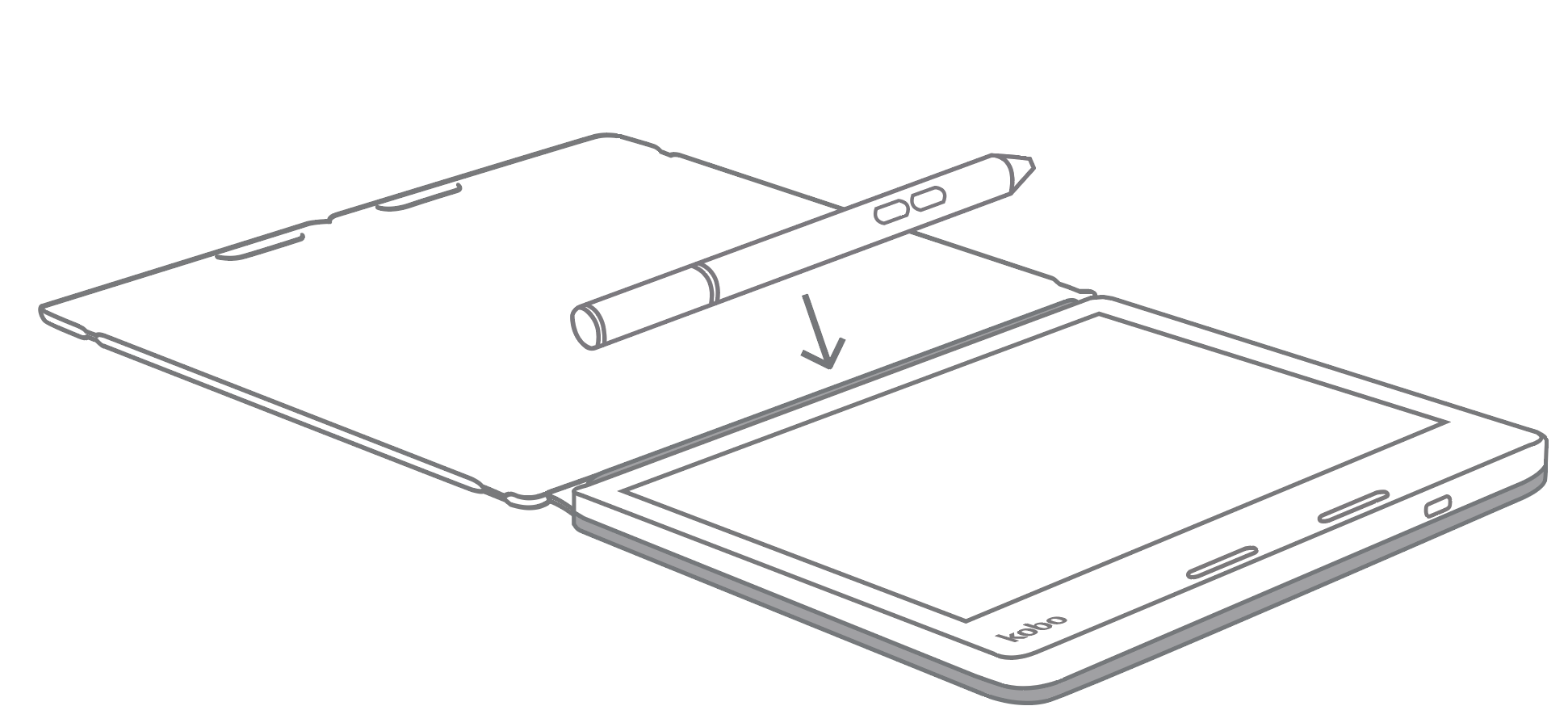 Illustrazione di un Kobo Stylus che viene agganciato alla SleepCover Kobo.