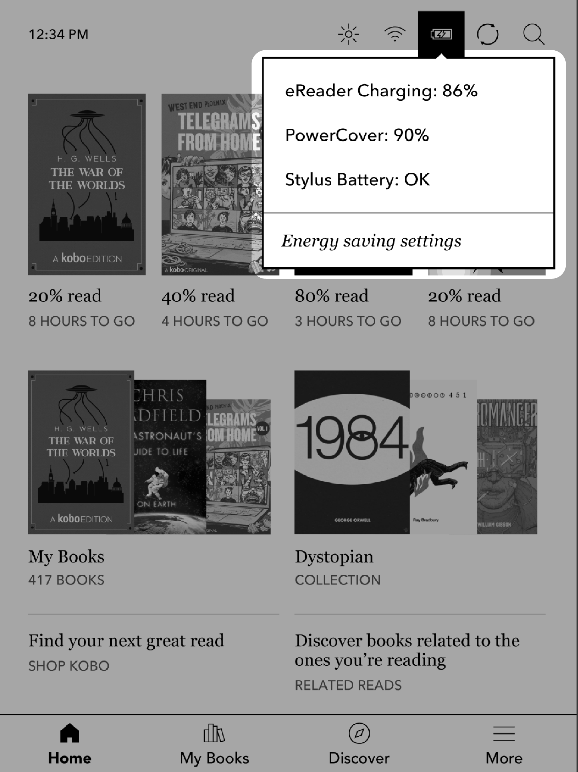 Ecrã inicial do Kobo eReader com o menu da bateria destacado.