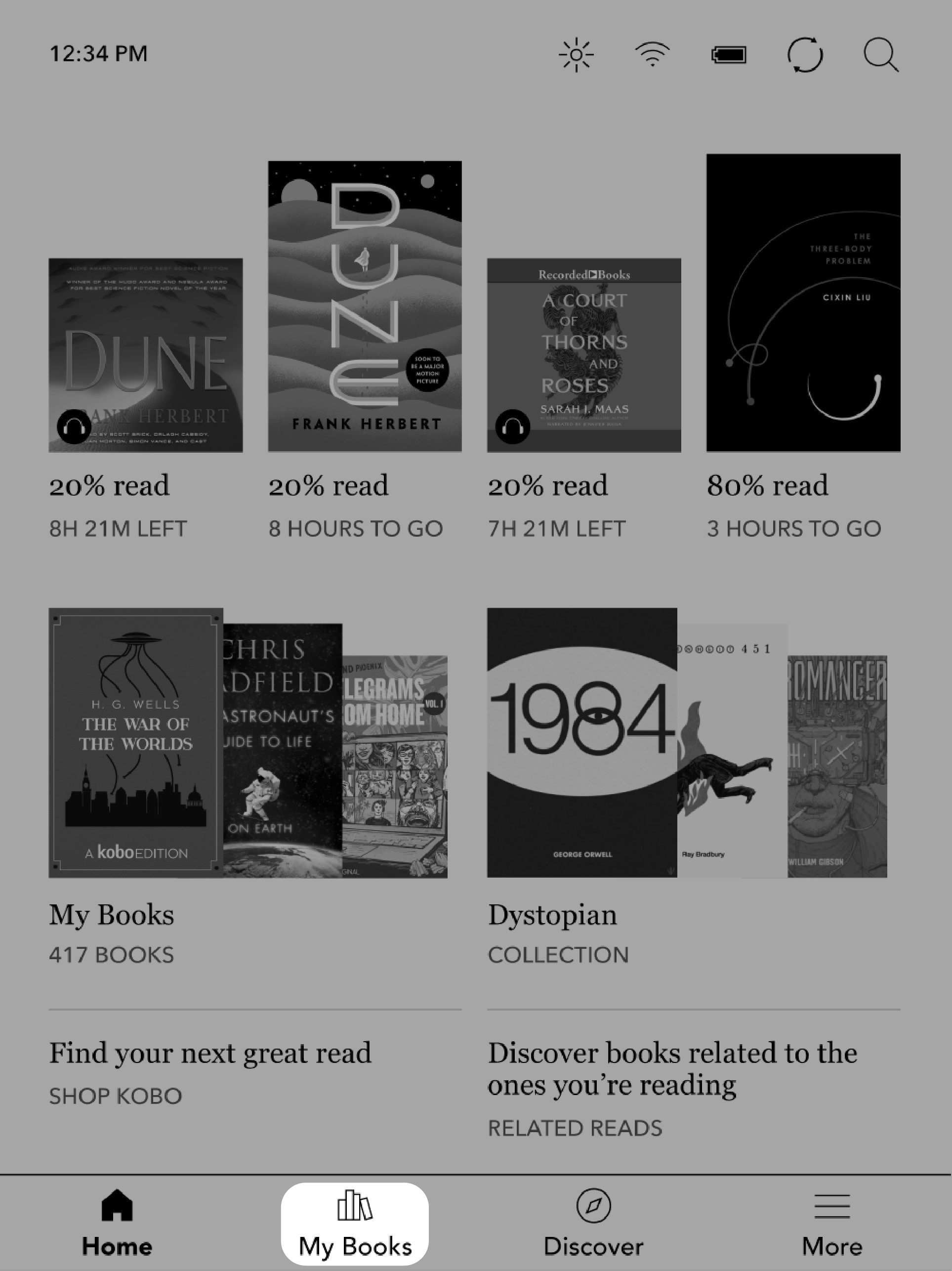 Ecrã inicial do Kobo eReader com o menu Os Meus Livros destacado.