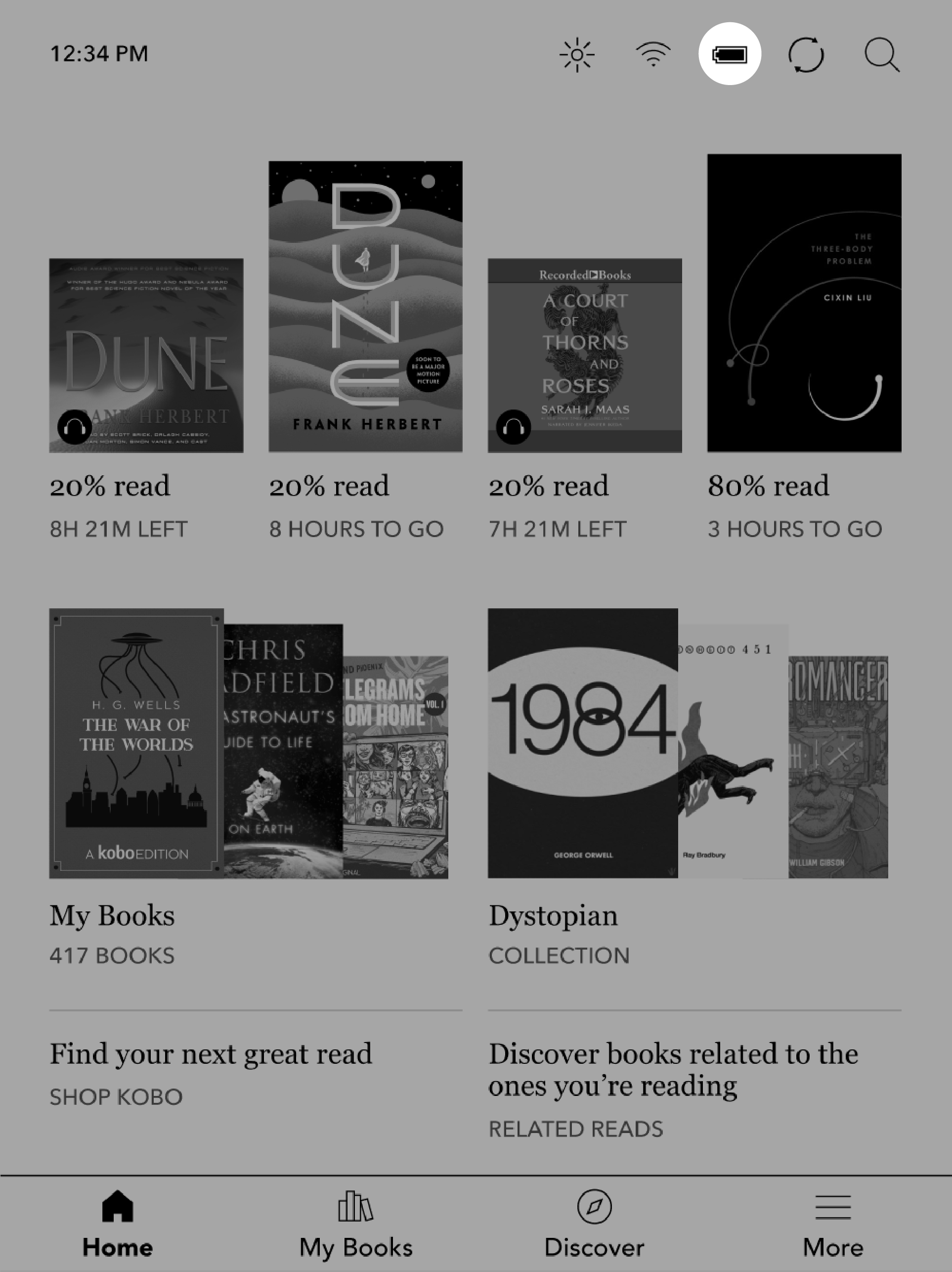 Kobo eReader Home screen with the battery icon highlighted.