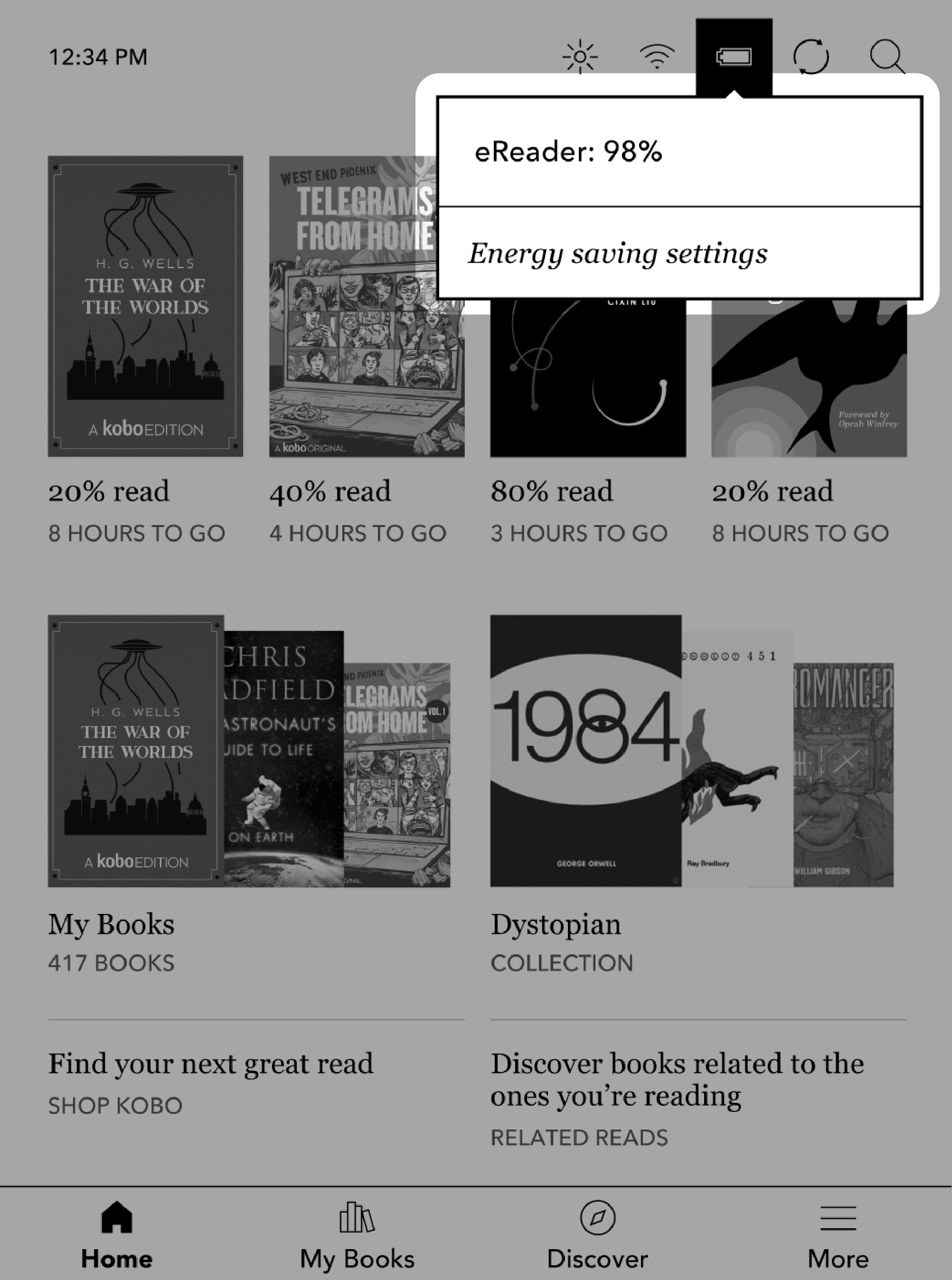 Kobo eReader Home screen with Battery menu highlighted.