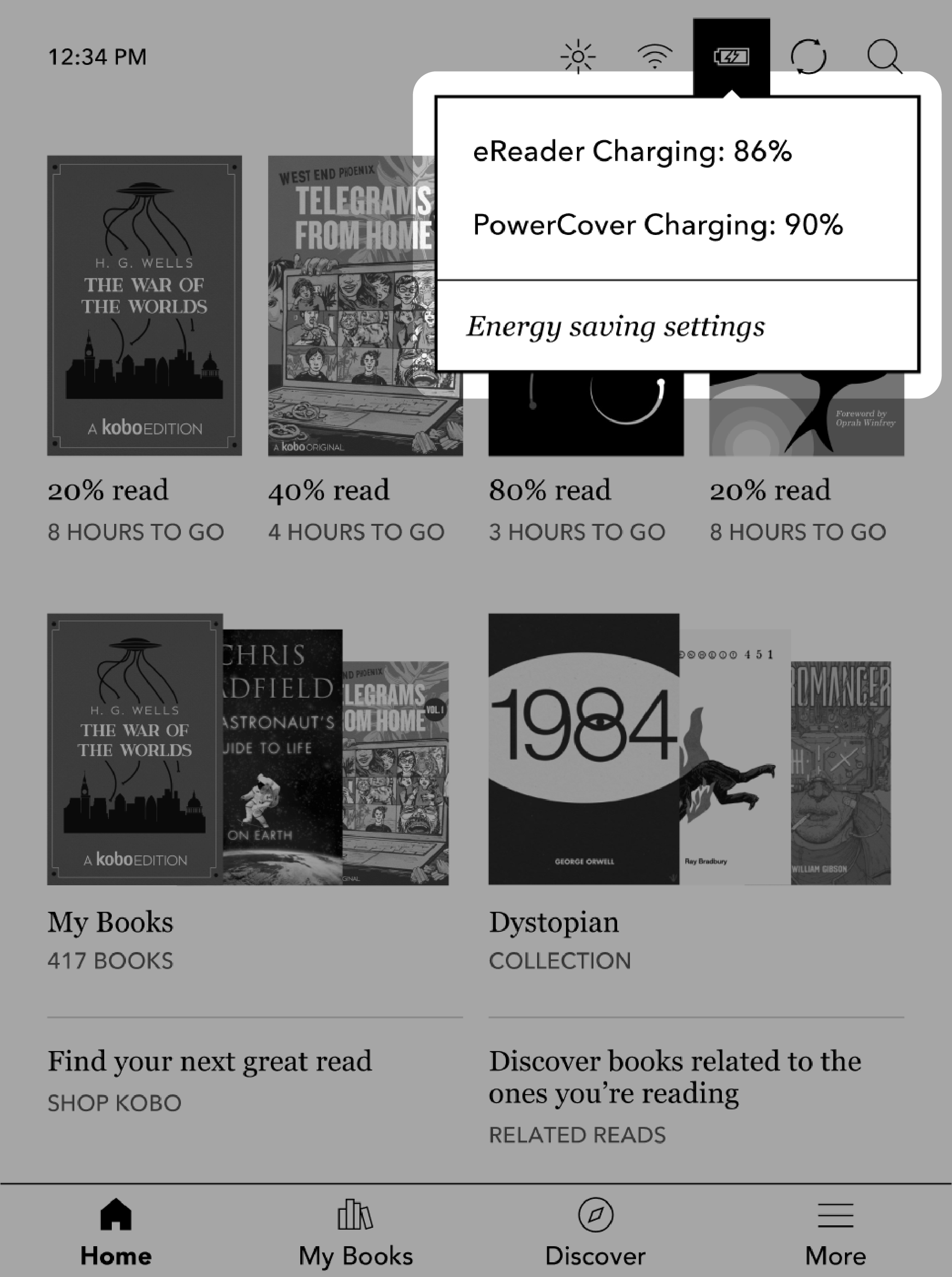 Ecrã inicial do Kobo eReader com o menu da bateria destacado.