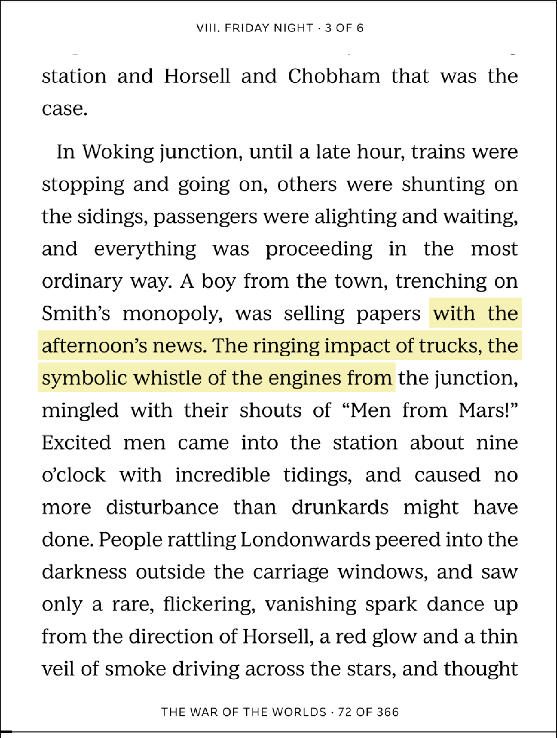 Kobo eReader reading view with a sentence highlighted in yellow.