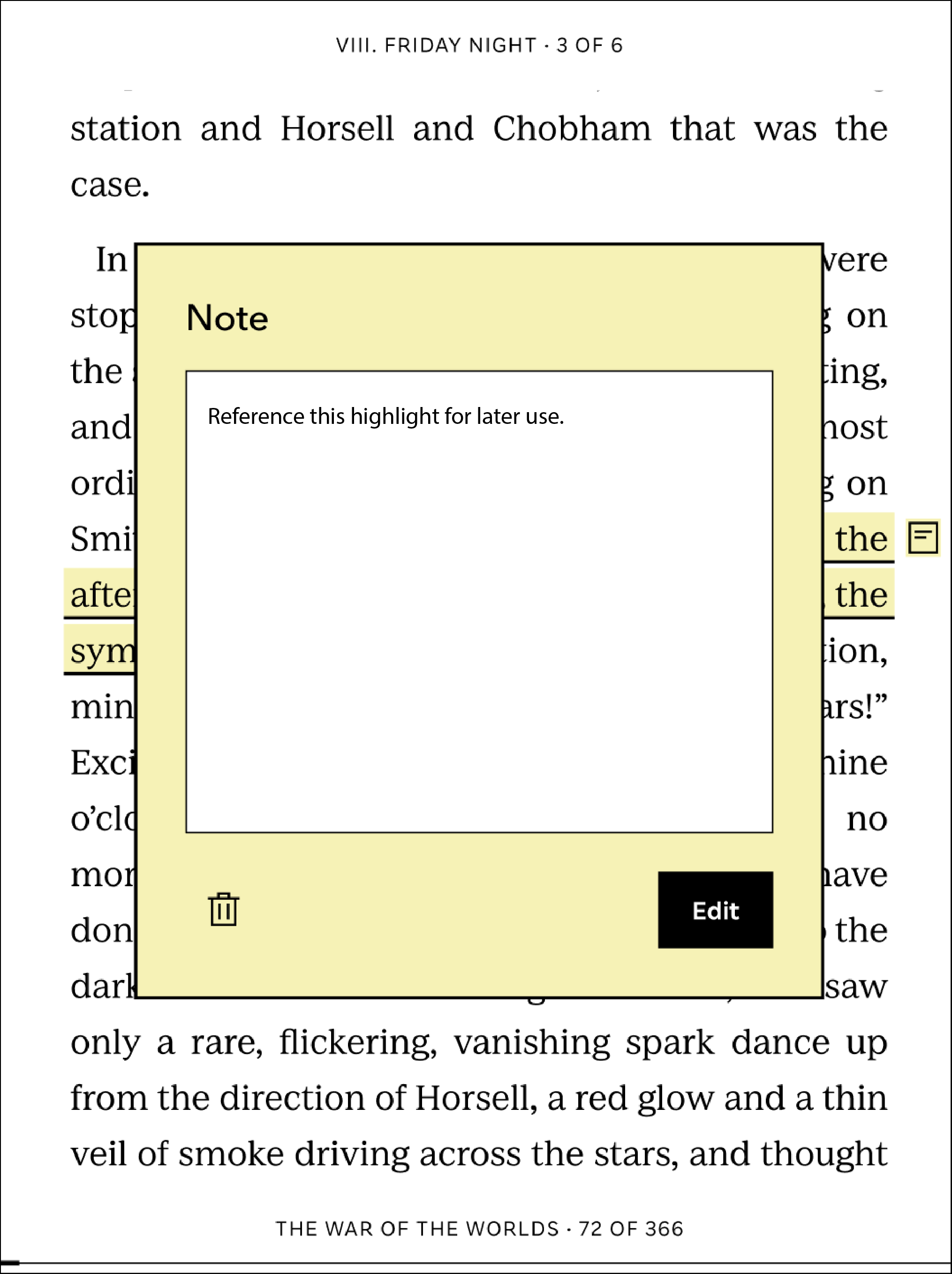 Menú emergente de notas del eReader Kobo.