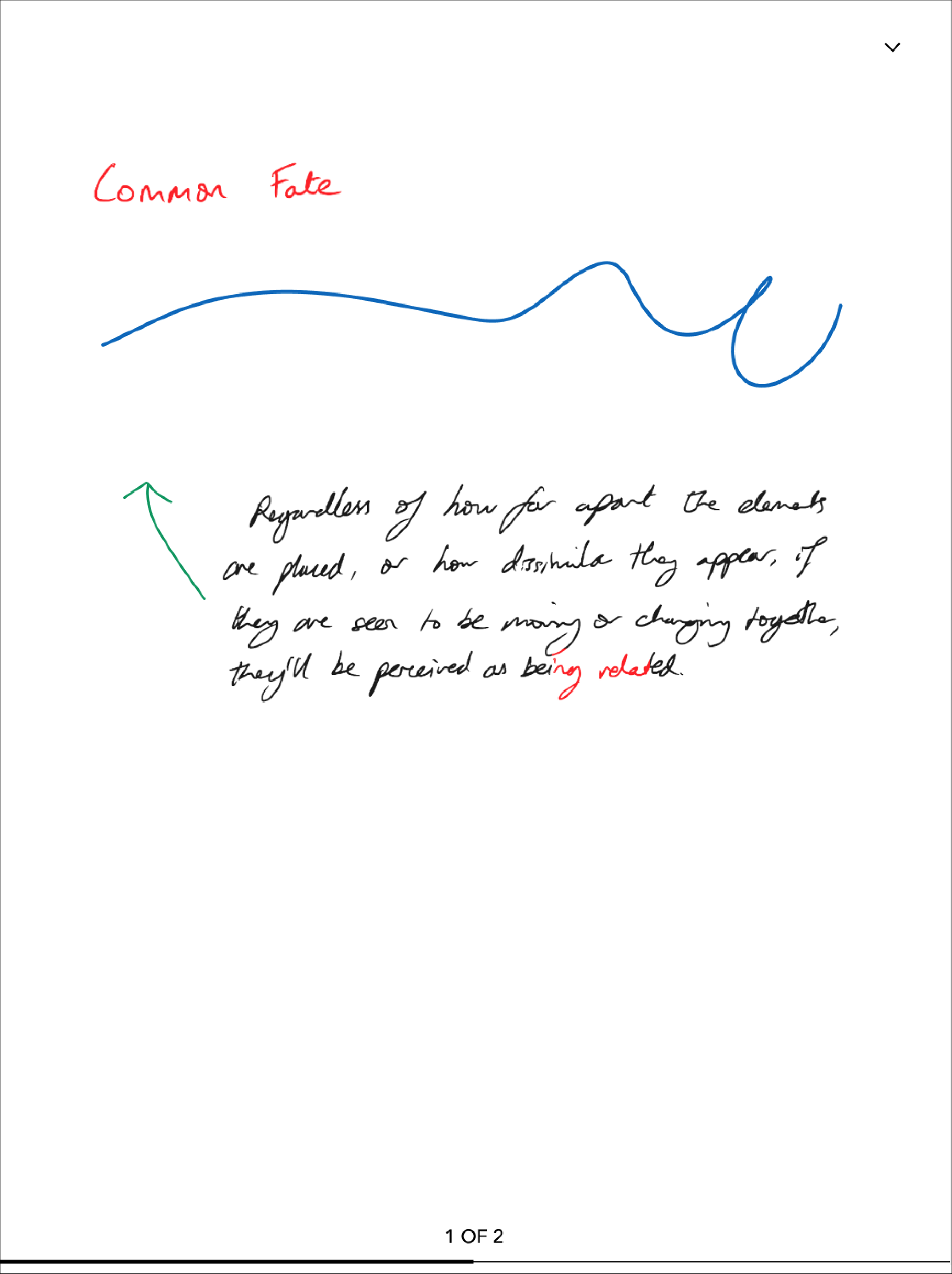 Visualização do caderno no Kobo eReader com um exemplo de escrita numa página em branco usando a Kobo Stylus.