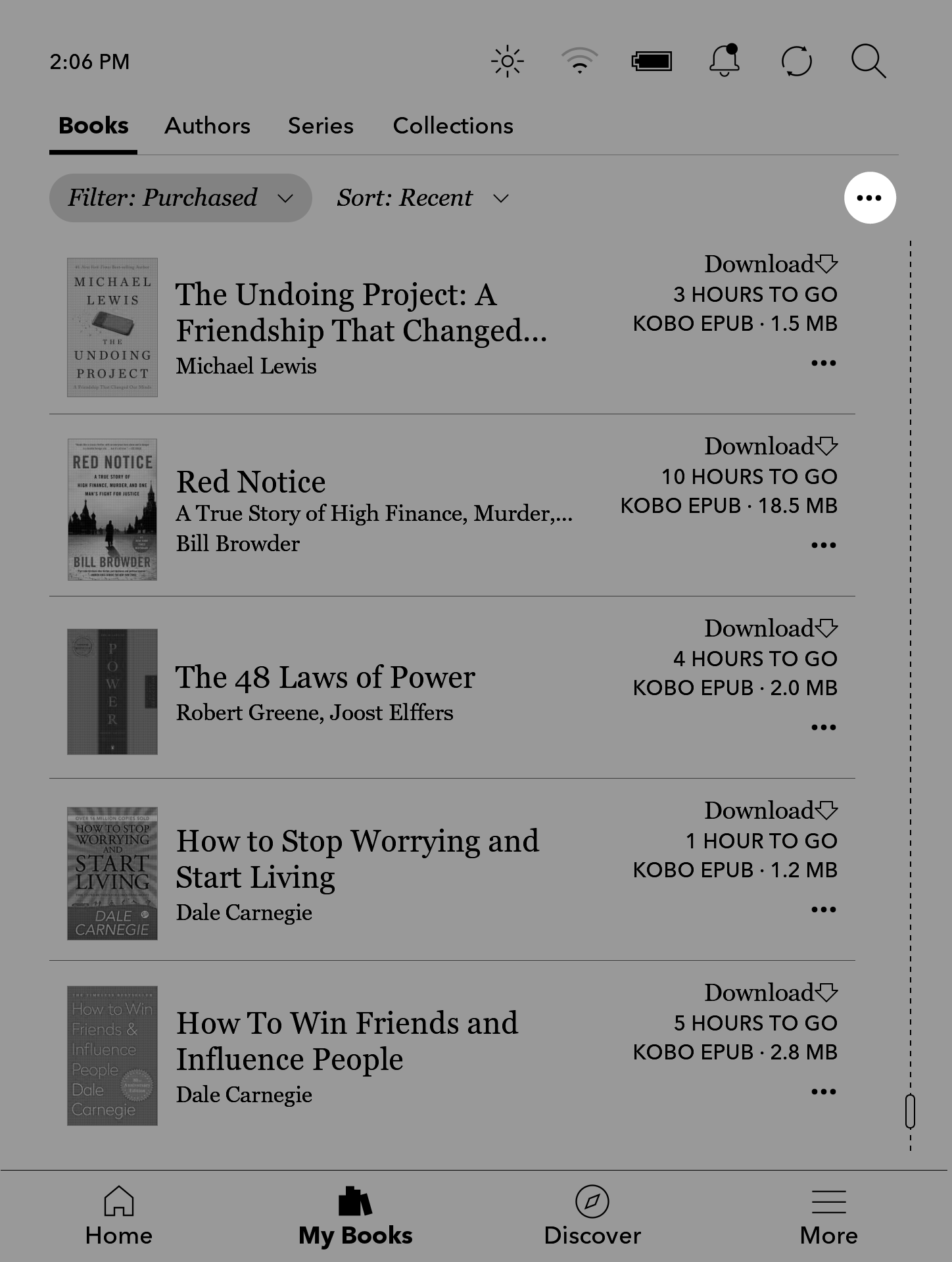 Menú Mis libros del eReader Kobo con el icono de tres puntos resaltado.