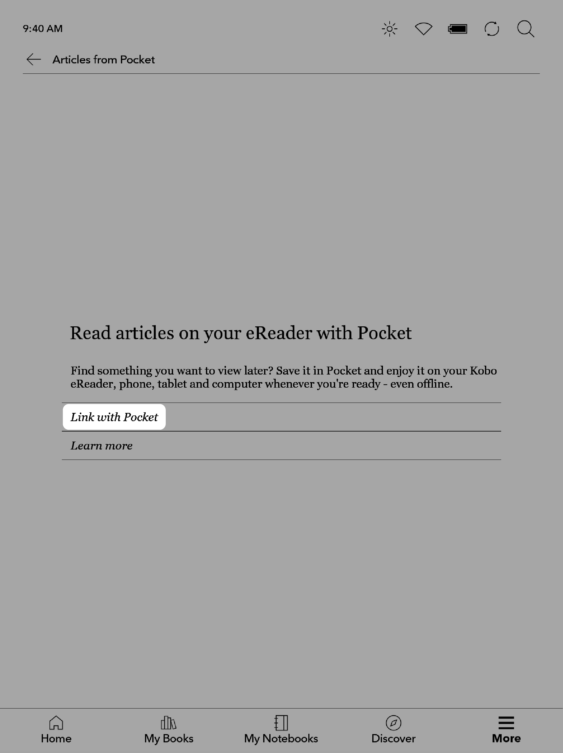 Kobo eReader Pocket-Bildschirm mit hervorgehobener „Mit Pocket verknüpfen“-Schaltfläche.