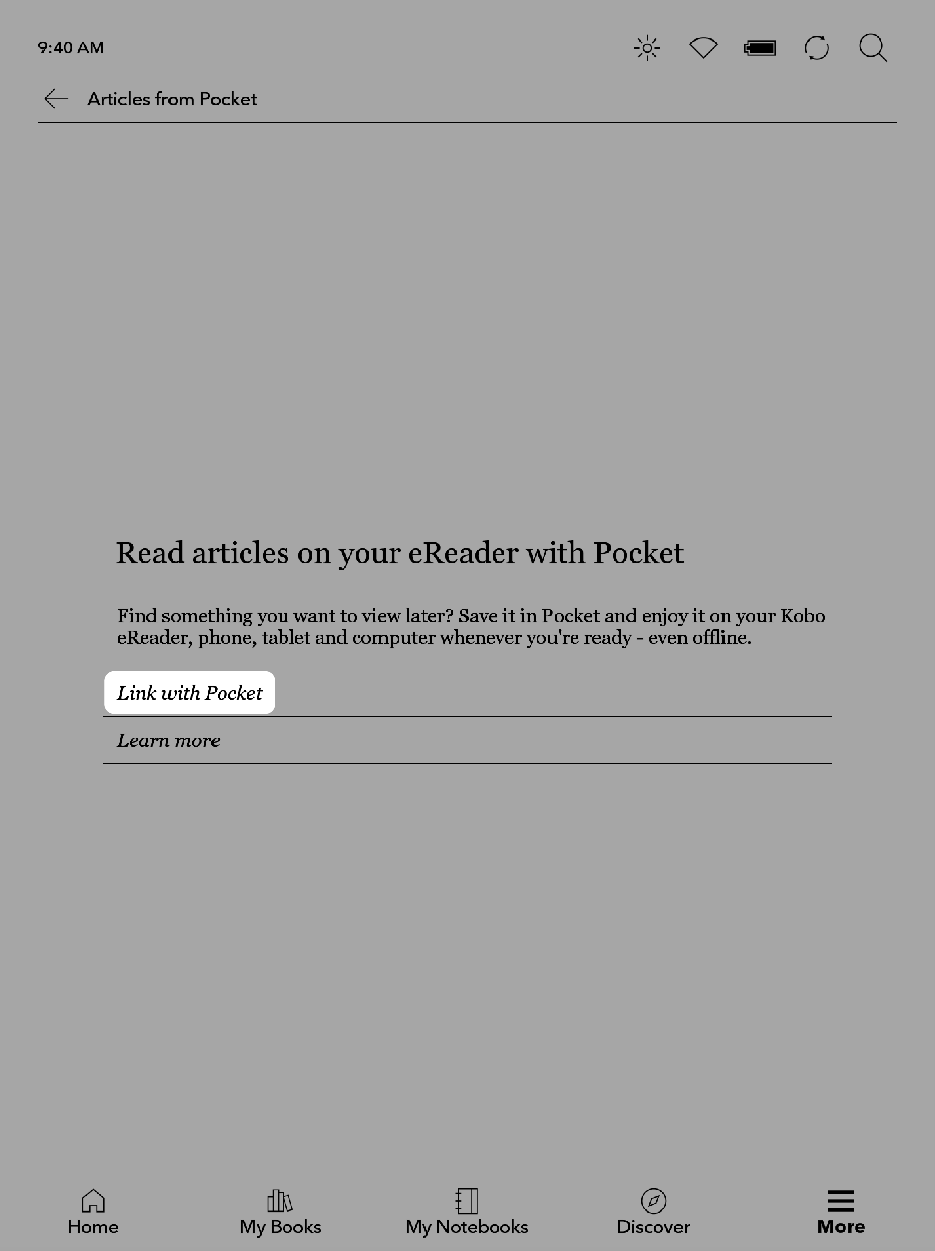 Kobo eReader Pocket-scherm met de knop 'Link with Pocket' gemarkeerd.
