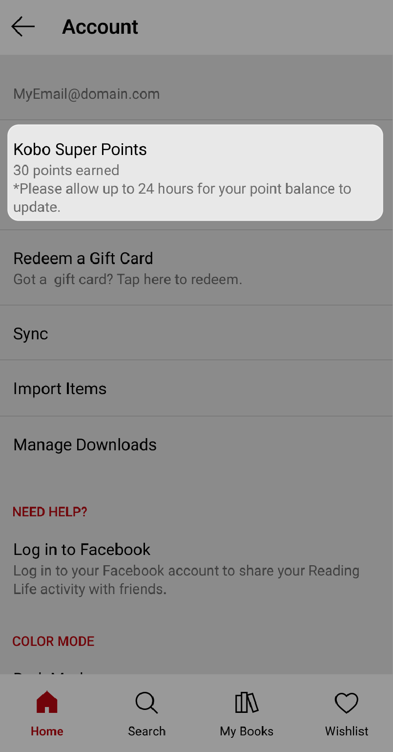 Kobo Books app Account page with the Kobo Super Points button highlighted.