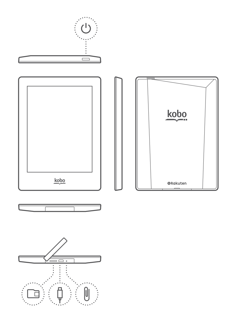 Illustration of a Kobo eReader with the ports and power button highlighted.