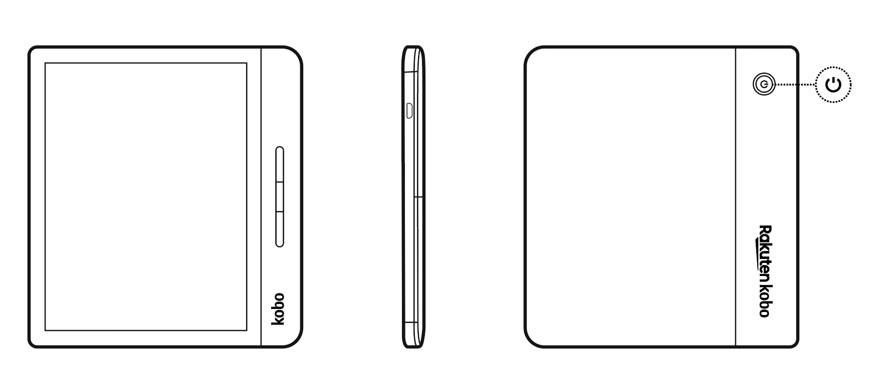 Kobo eReader with the power button on the back highlighted.