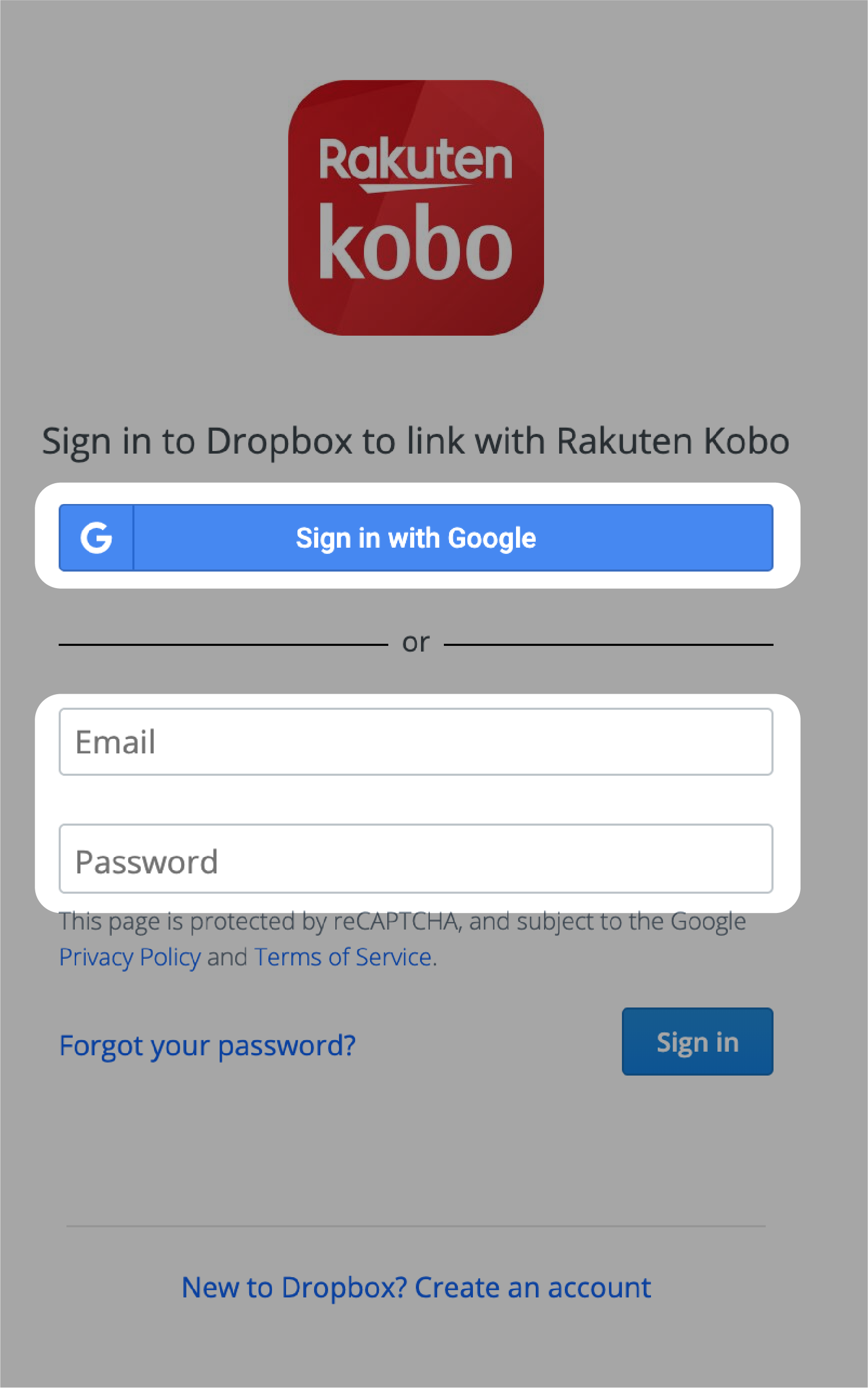 Dropbox sign in page with the Sign in with Google and email and password  address field highlighted.