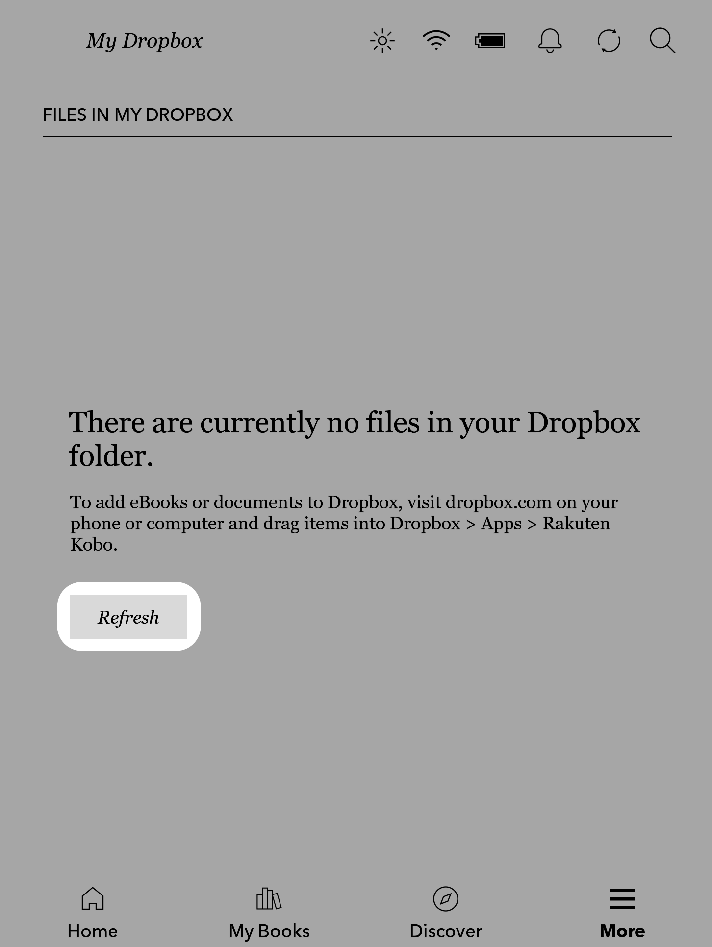 Ventana de Dropbox del Kobo eReader con el botón de Actualizar resaltado.